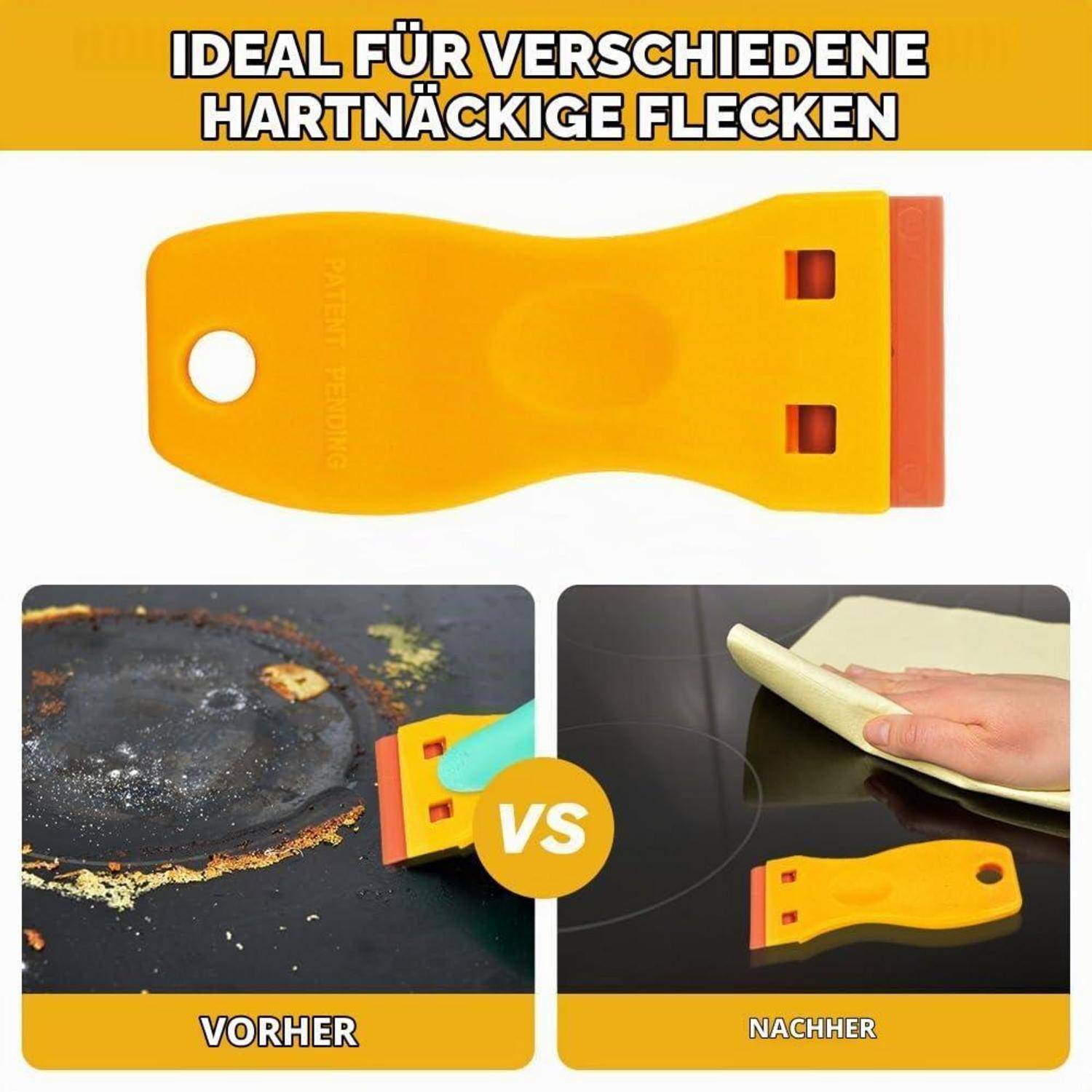 Infografik mit einem gelb-orangen Schaber für hartnäckige Flecken, mit 