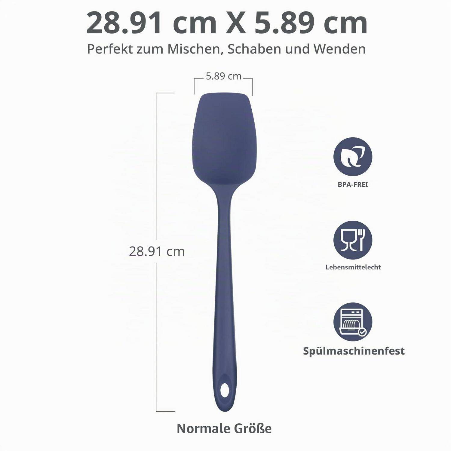 Produktabbildung eines blauen Küchenspachtels mit den Abmessungen 28,91 cm x 5,89 cm und den Beschriftungen „BPA-FREI