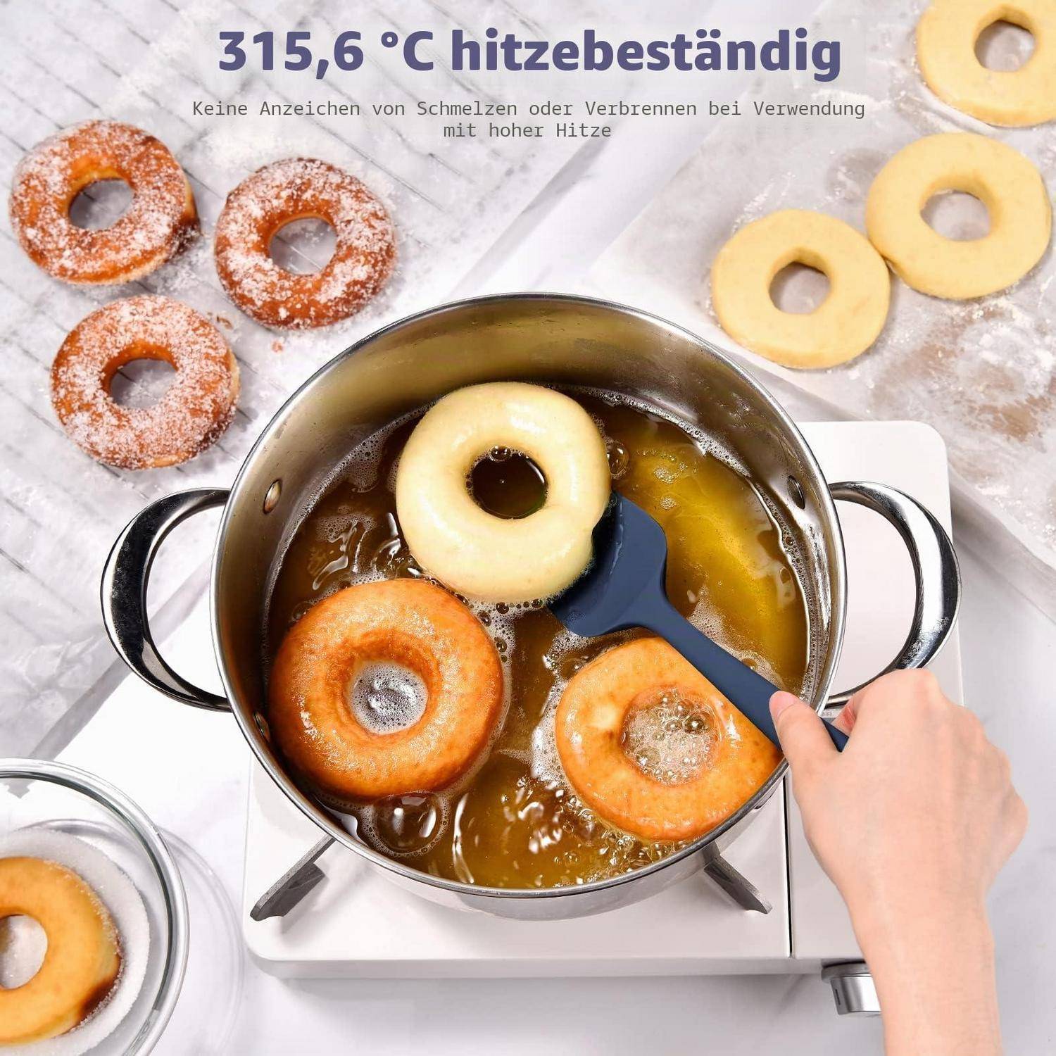 Deutschlandweit werbefähig zeigt Donuts, die in einem Topf mit heißem Öl frittiert werden, mit dem Text 