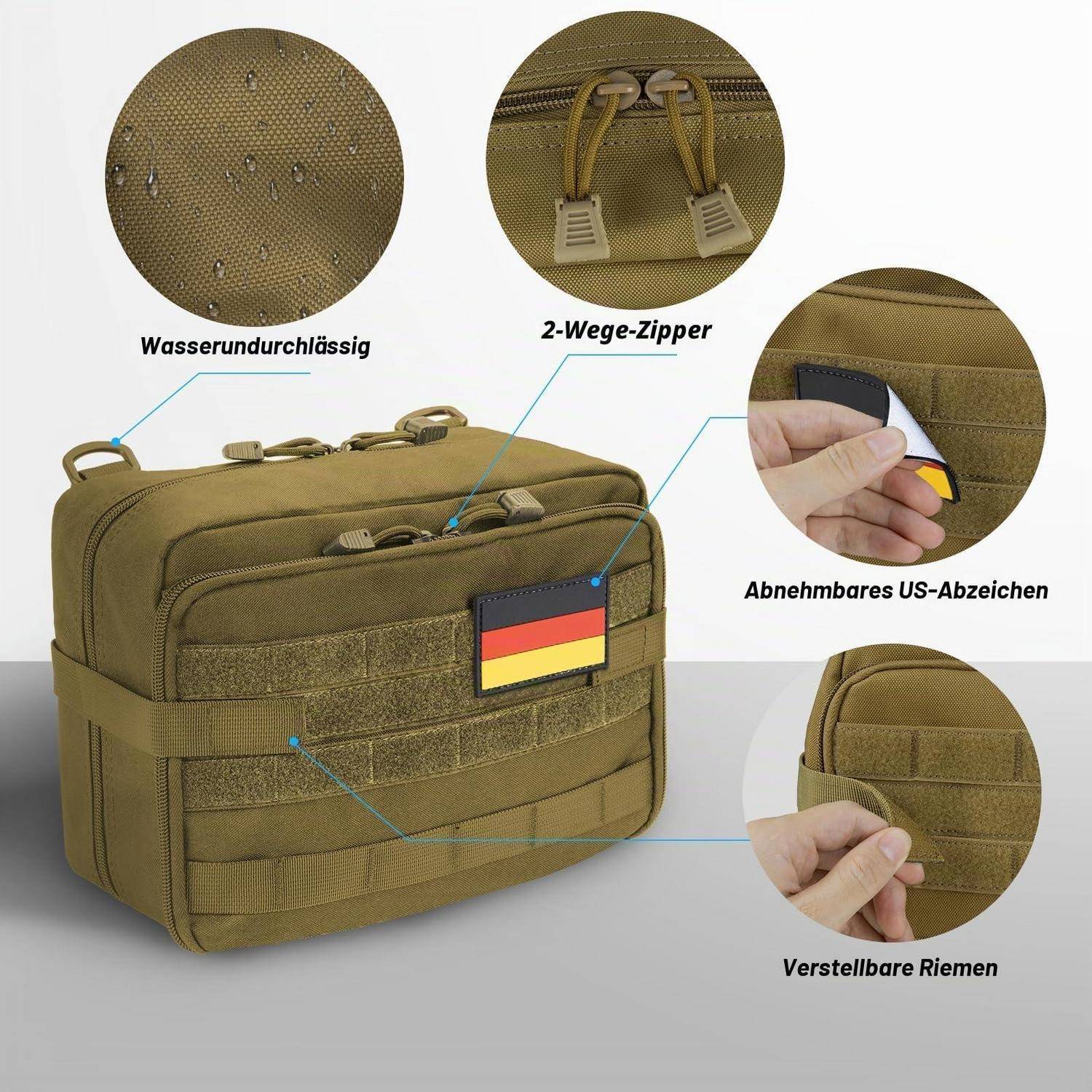 Olivfarbene taktische Tasche mit deutschen Beschriftungen, die wasserdichtes Material, Zwei-Wege-Reißverschluss, abnehmbaren US-Patch und verstellbare Riemen zeigt.