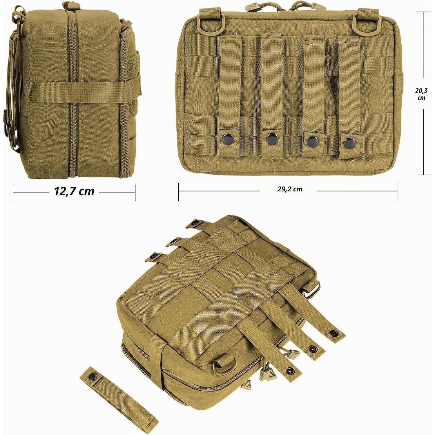 Olivfarbene taktische Tasche gezeigt von vorne, von der Seite und in Schrägansicht mit Abmessungen 29,2 x 20,3 x 12,7 cm und MOLLE-Webbing.