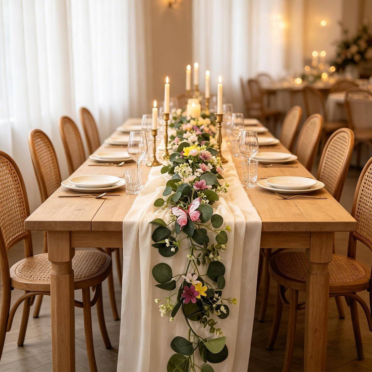 Ein elegant eingedeckter Esstisch für eine formelle Veranstaltung mit Kerzen, Blumenmittelstück, Gedeck und Korbstühlen in einem sanft beleuchteten Raum.