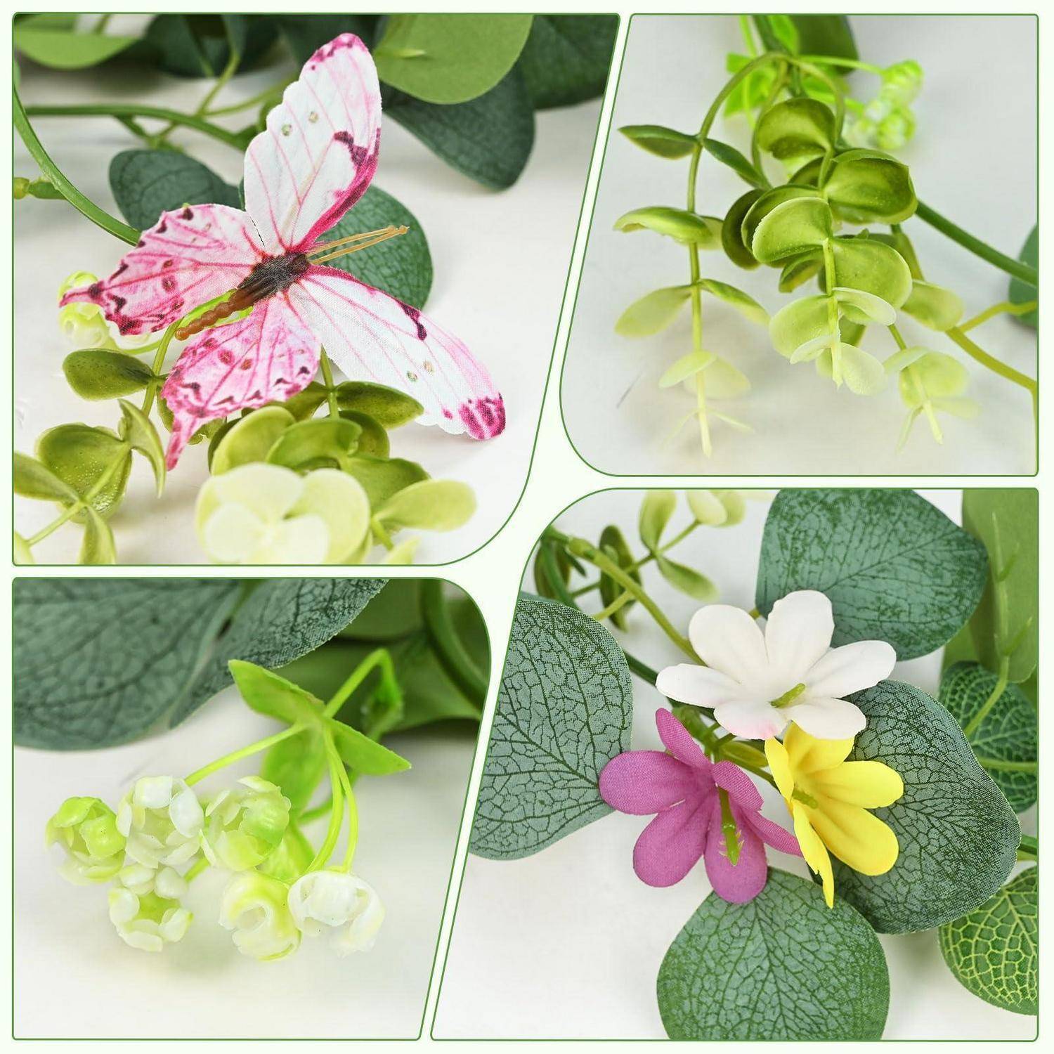 Collage aus künstlichen Blumen und grünen Blättern, einschließlich eines rosa Schmetterlings, hängender Ranke, hortensienähnlicher Blüten und einer weiß-gelb-lila Blütentraube.