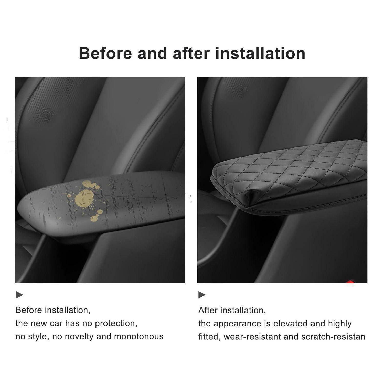Vergleich einer Mittelkonsole eines Autos vor der Installation mit Flecken und nach der Installation mit einer gesteppten Schutzhülle, der eine verbesserte Optik und erhöhte Verschleißfestigkeit zeigt.