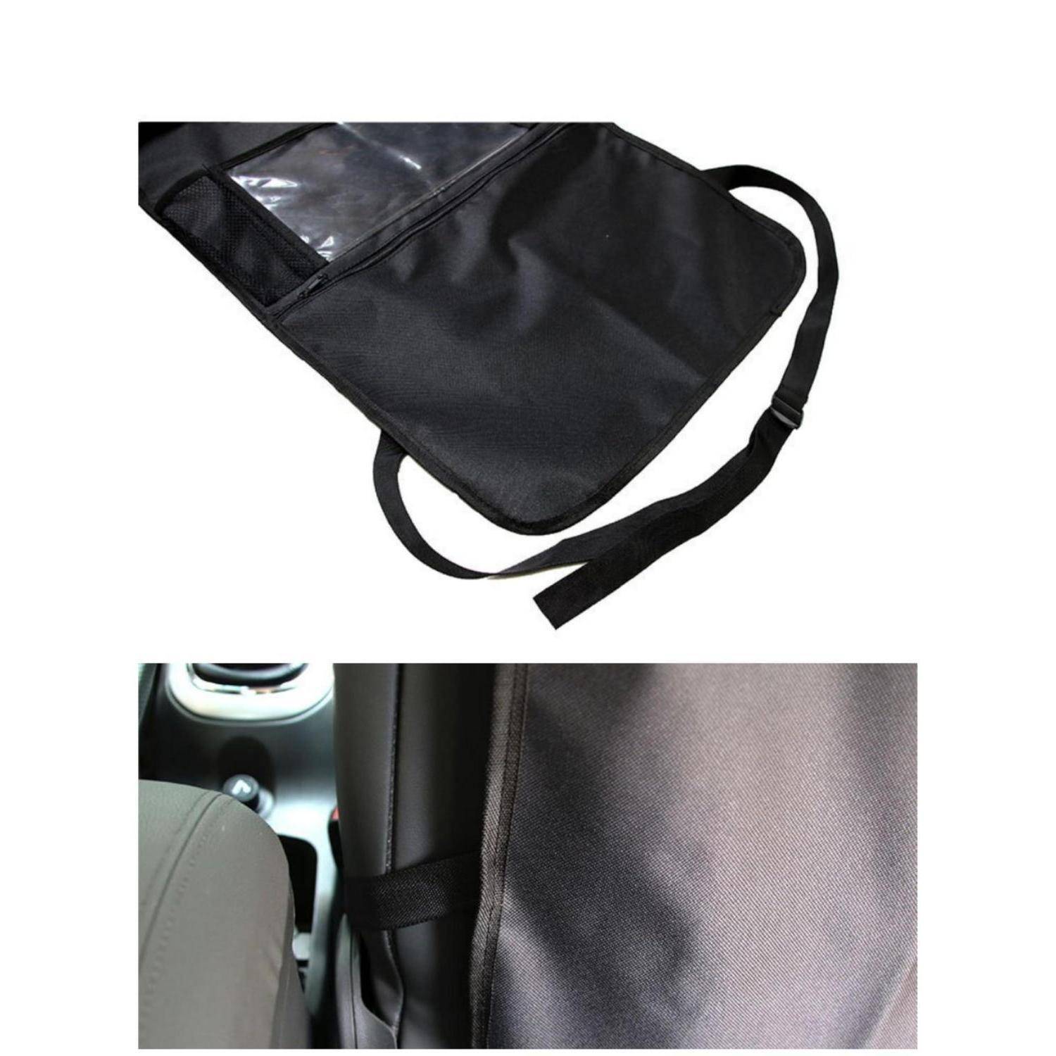 Schwarze Stofforganizer-Tasche mit Schultergurt, offen abgebildet und neben einem Autositz angebracht zur Aufbewahrung von Gegenständen im Fahrzeug.