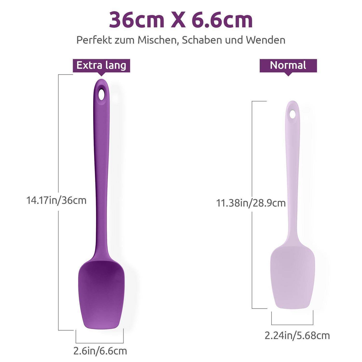 Vergleich zweier Silikonspatel: extra lang 36 cm x 6,6 cm und normal 28,9 cm x 5,68 cm, gekennzeichnet zum Mischen, Kratzen und Wenden.