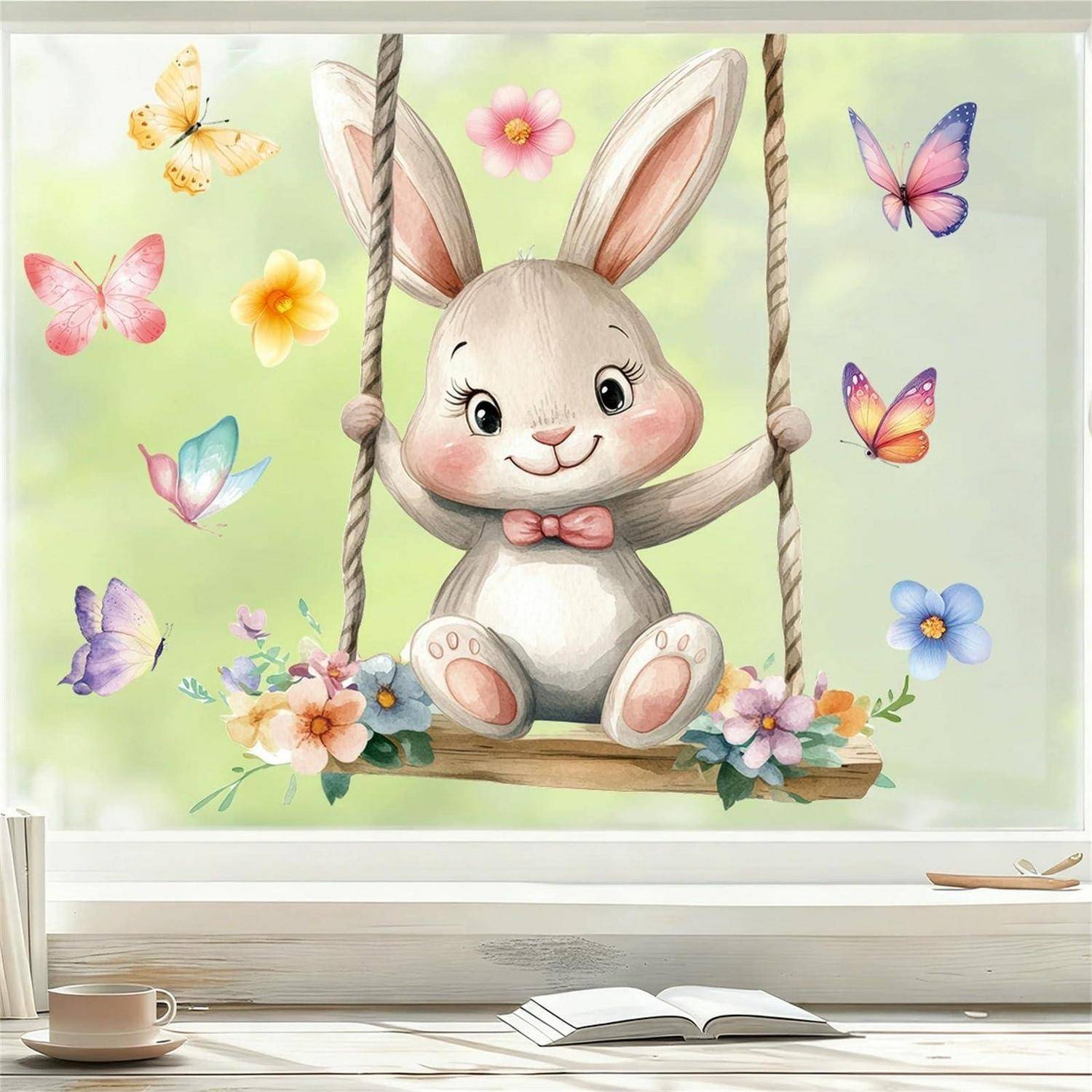 Süßes Häschen auf einer Schaukel, umgeben von Schmetterlingen und Blumen, mit einem pastellfarbenen Wandgemälde im Kinderzimmerstil über einem Schreibtisch und einem aufgeschlagenen Buch.