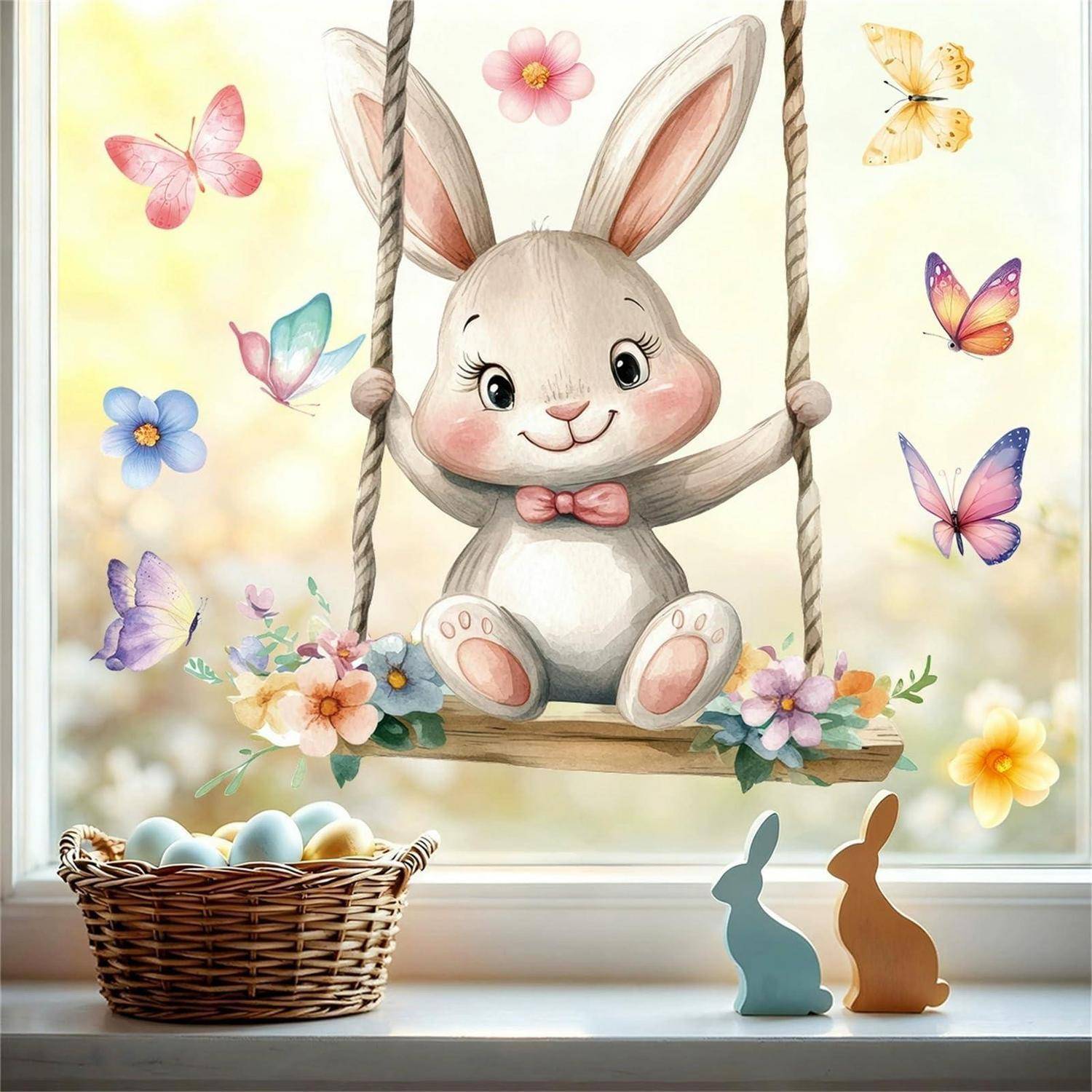 Süßes Kaninchen auf einer Seilschaukel mit Schmetterlingen, Blumen und Ostereiern in einem Korb; zwei kleine Kaninchenfiguren sitzen auf einer Fensterbank.