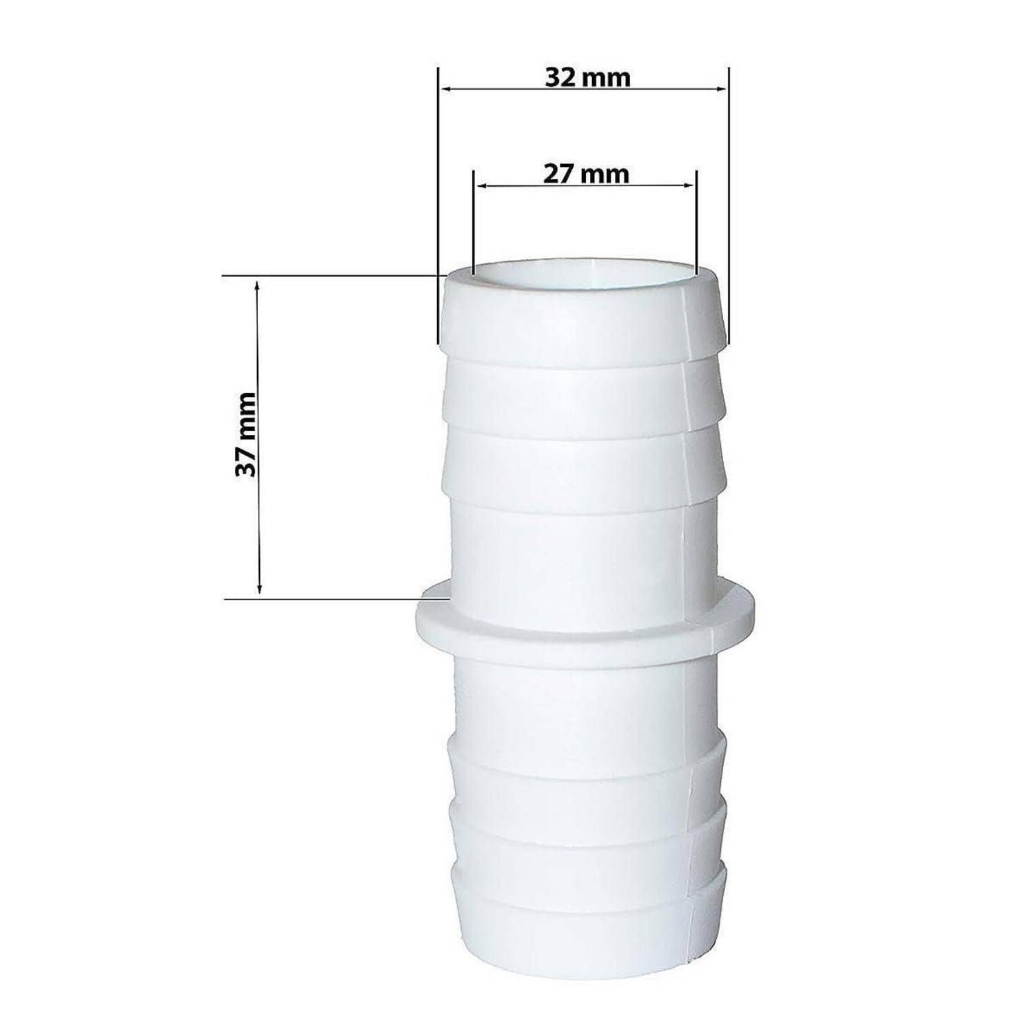 Diagramm eines weißen Kunststoffschlauchverbinders mit Abmessungen von 32 mm Breite, 27 mm innere Öffnung und 37 mm Höhe.
