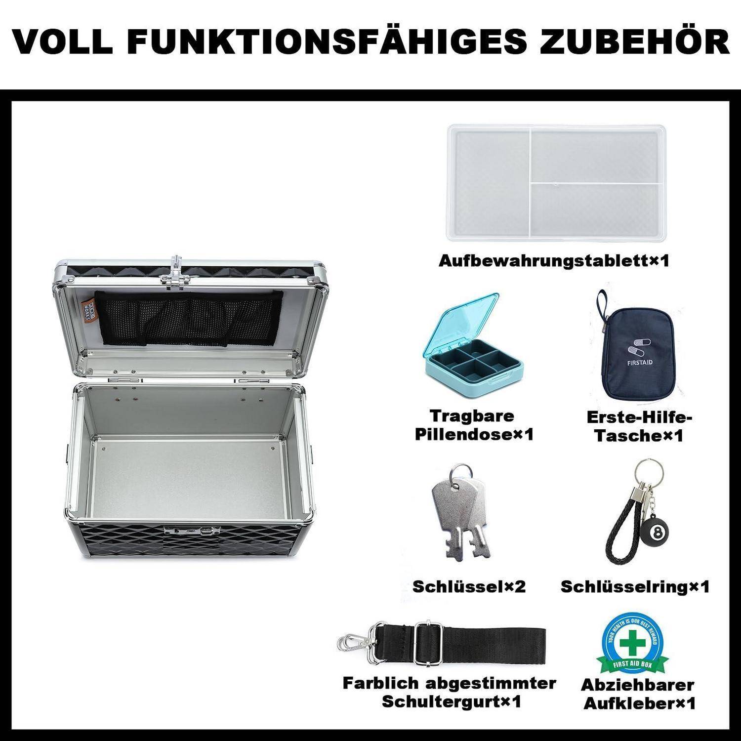 Zubehörset für einen Medizinkoffer: offener Metallkoffer plus Lagerfach, Pillendose, Erste-Hilfe-Tasche, zwei Schlüssel, Schlüsselring, passender Schultergurt und abnehmbarer Aufkleber.