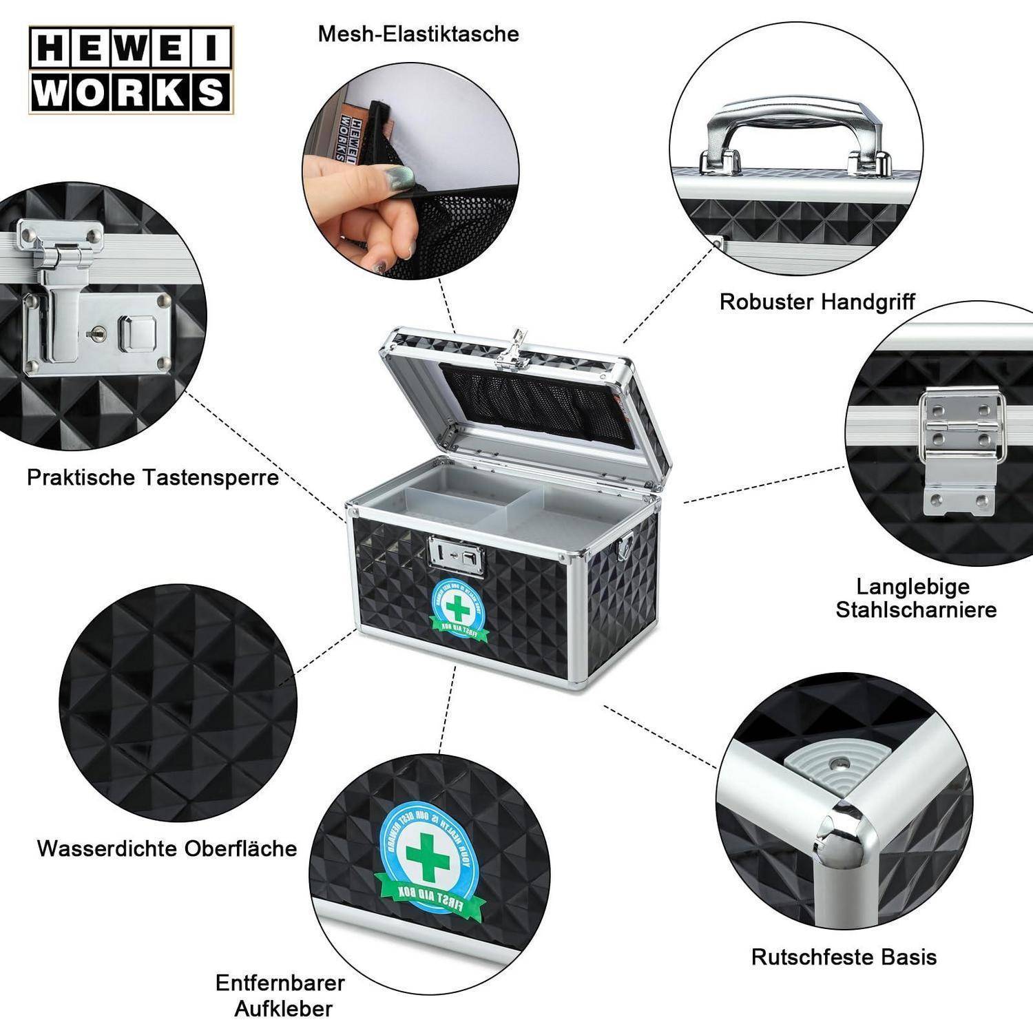Werbegrafikum eines silbernen Lagerkoffers mit Beschriftungen, die folgende Funktionen hervorheben: Netzstofftasche mit Gummiband, Schloss mit Schlüssel, robuster Griff, langlebige Stahlscharniere, rutschfeste Unterseite, wasserdichte Oberfläche und abnehmbarer Aufkleber.