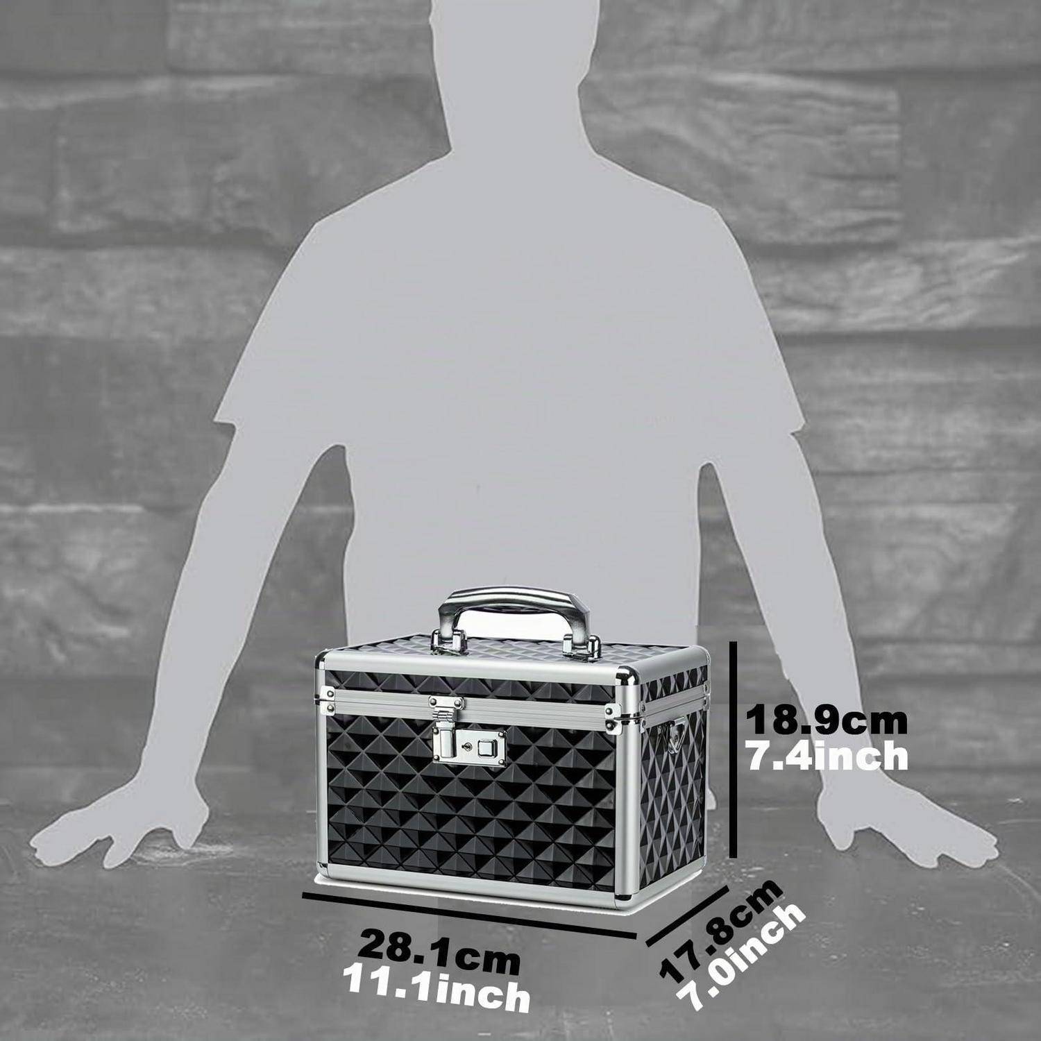 Schwarze Hartschalentasche, die gegen eine stehende Personensilhouette abgebildet ist, mit den Angaben 28,1 cm breit, 17,8 cm tief und 18,9 cm hoch.