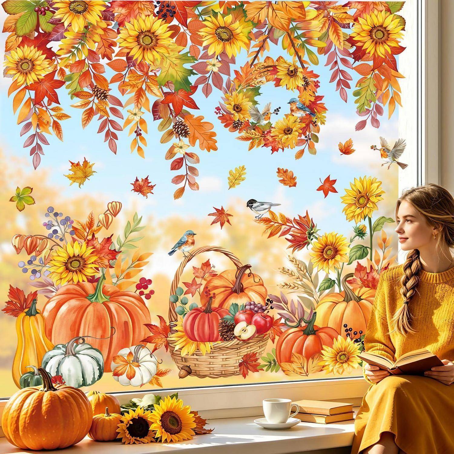 Eine Frau in einem gelben Kleid liest am Fenster, das mit Herbstblumen, Kürbissen, Blättern, Vögeln und einem Erntekorb dekoriert ist und eine gemütliche Herbstszene schafft.