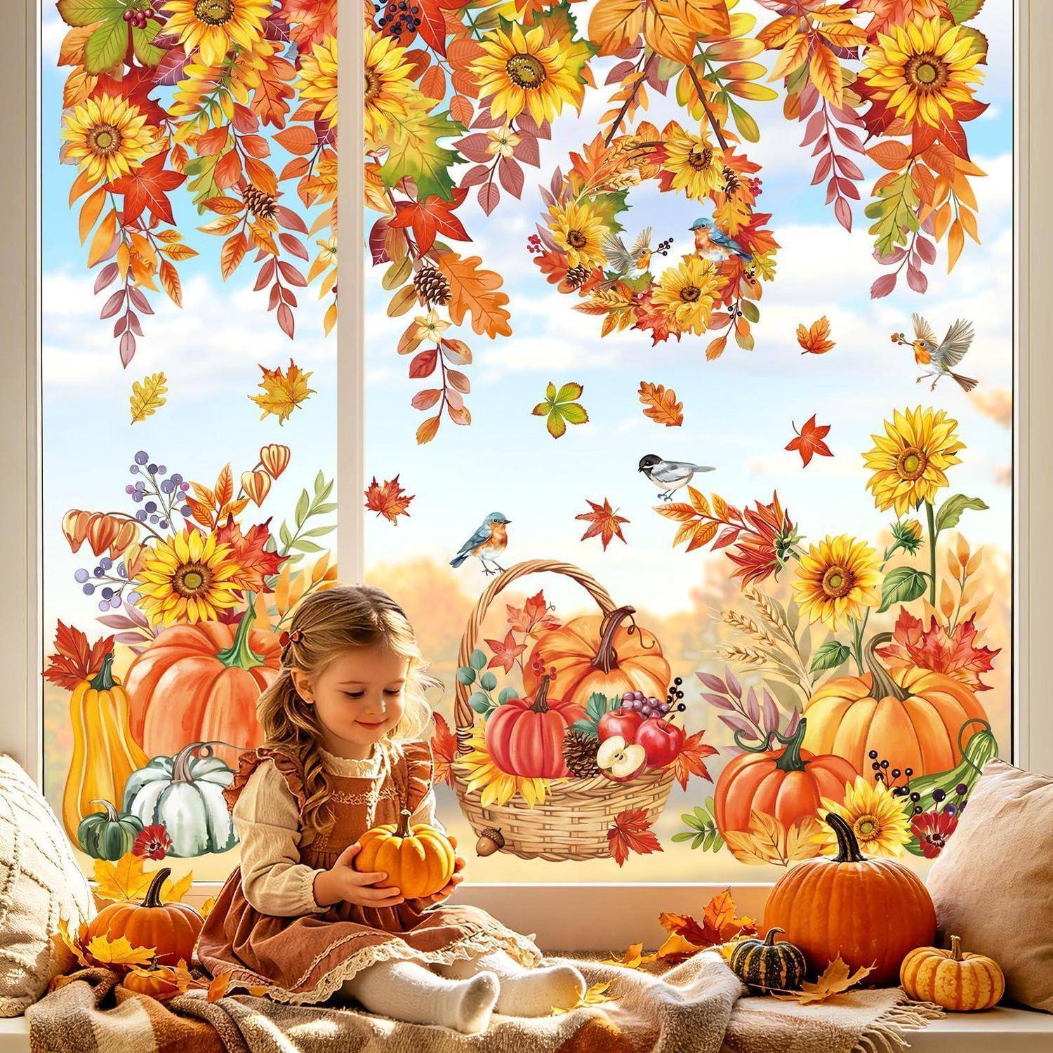 Junges Mädchen, das neben einem Fenster sitzt und einen kleinen Kürbis hält, umgeben von Herbstdekorationen, Kürbissen, Blumen, Vögeln und fallenden Blättern.