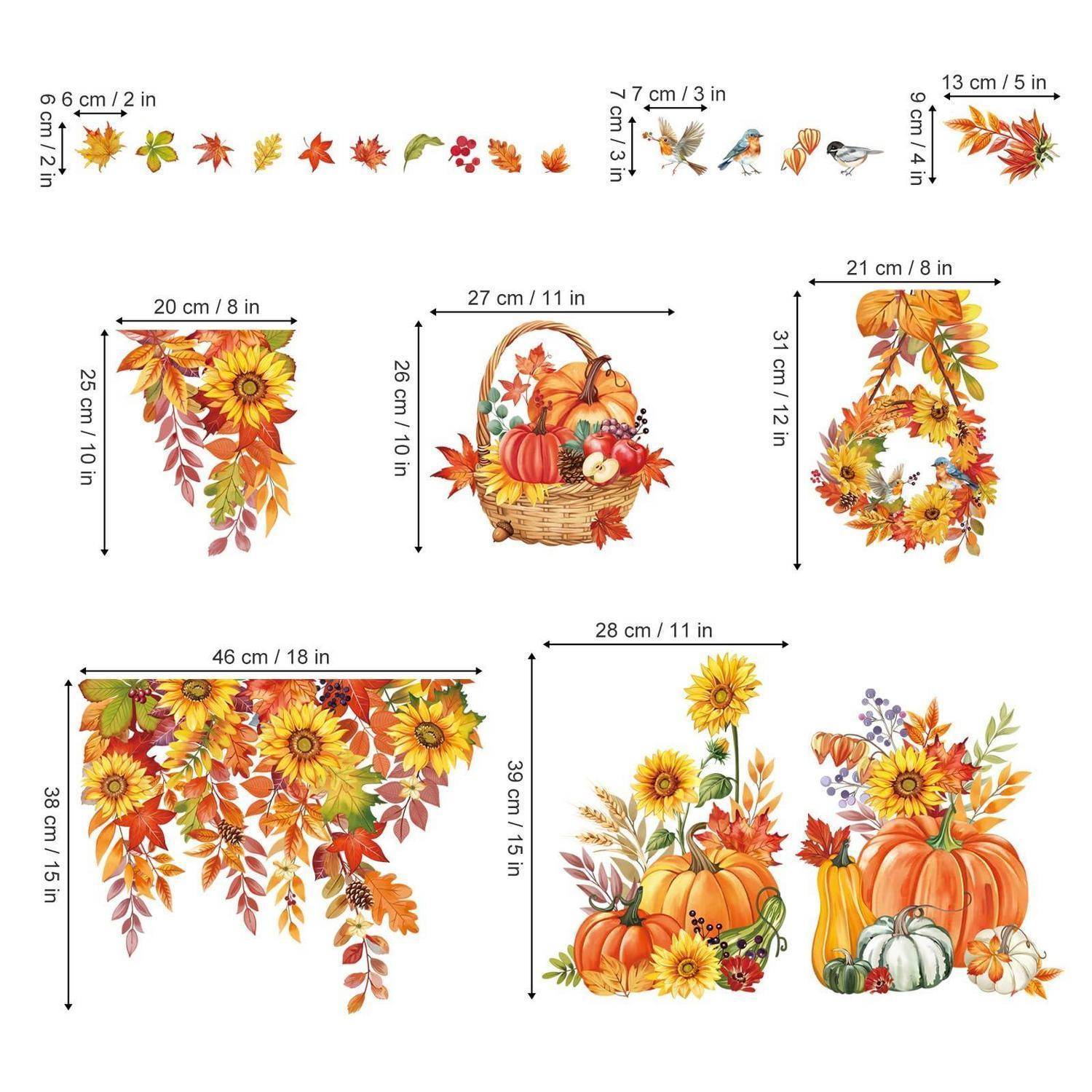 Herbst-Ernte-Wandtattoos mit Kürbissen, Sonnenblumen, Blättern und Schmetterlingen, in mehreren Größen dargestellt mit Abmessungen für jedes Design.