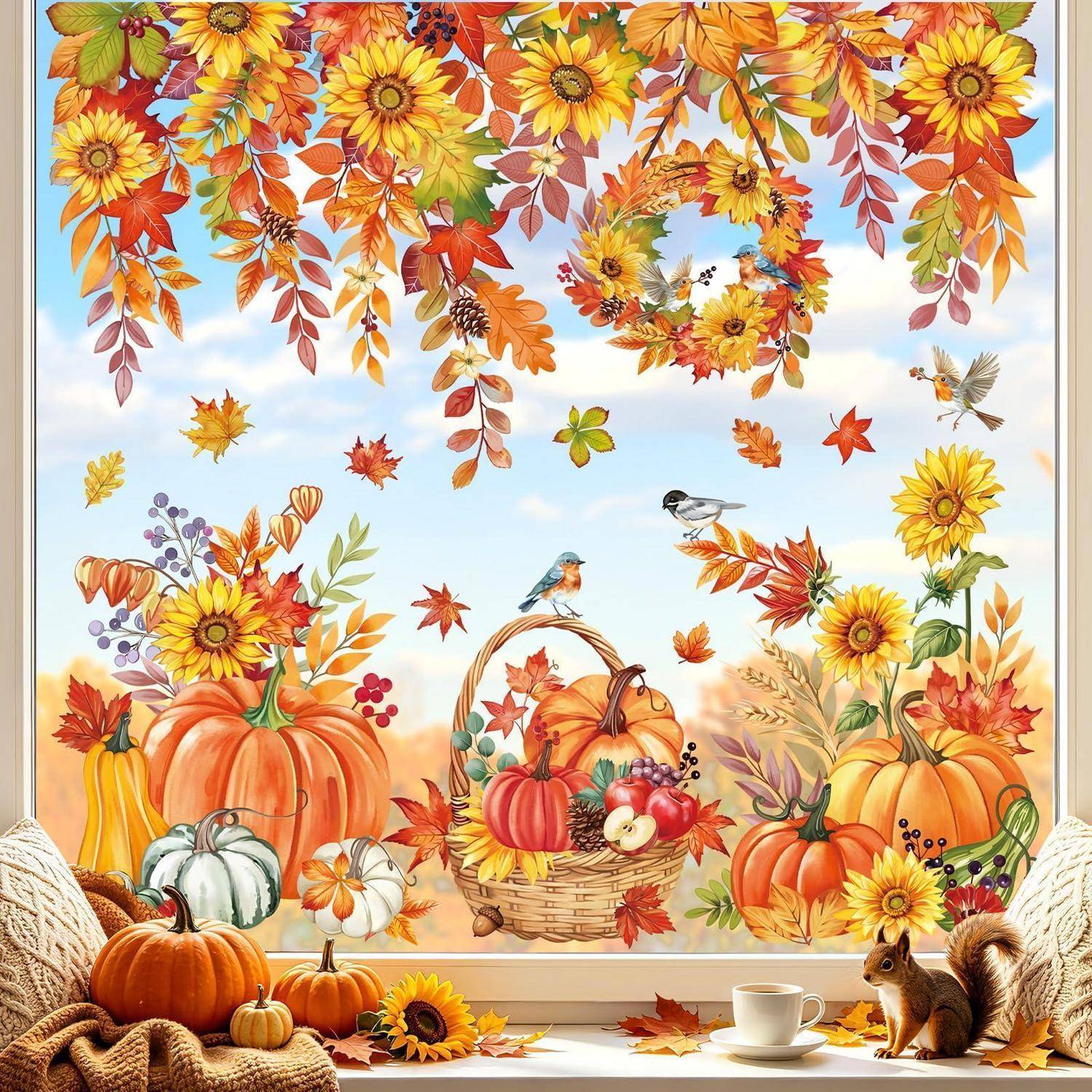 Herbstliches Fensterszenen-Arrangement mit Kürbissen, Sonnenblumen, Beeren, Vögeln, fallenden Blättern, einem Kranz, einem Korb mit Produkten, einem Eichhörnchen und einer Kaffeetasse.