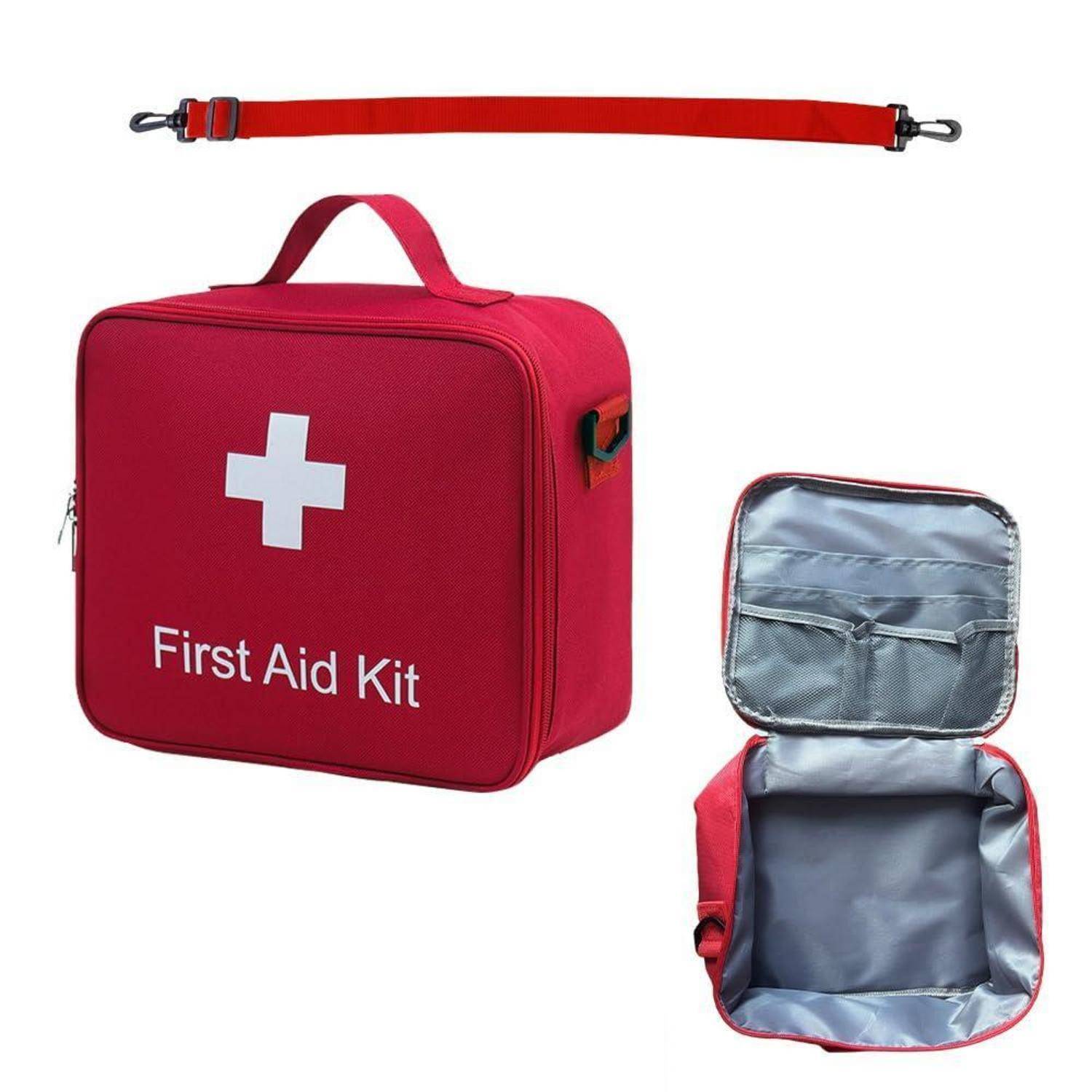Rote Erste-Hilfe-Tasche mit weißem Kreuz und Text „First Aid Kit