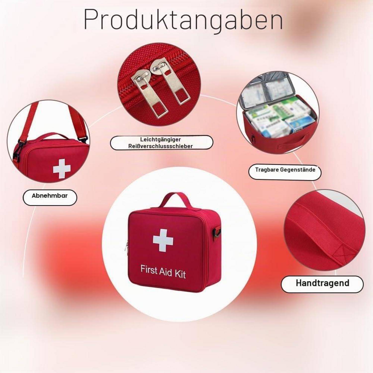 Erste Hilfe Tasche leer, Rot, 24x21x11cm, Oxford-Gewebe