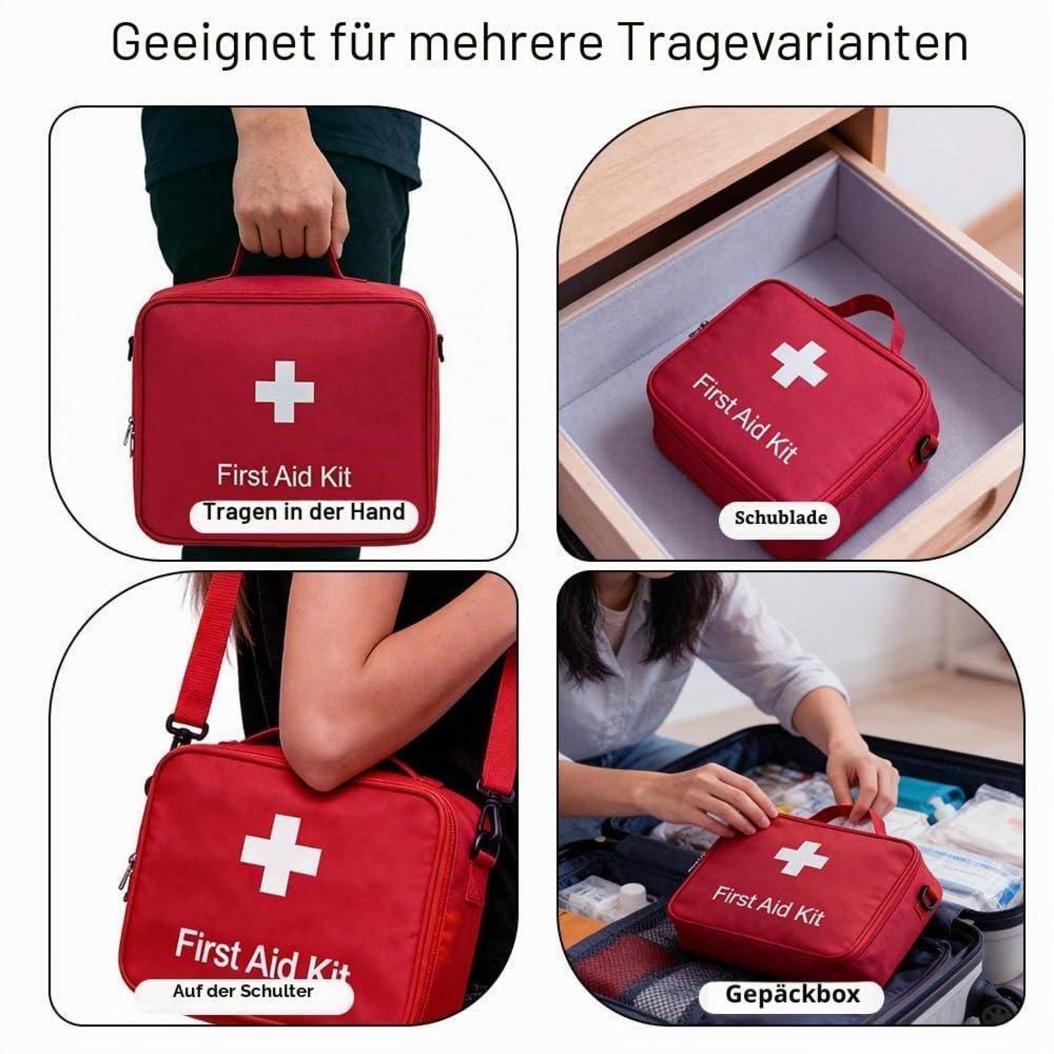 Infografik zeigt einen roten Erste-Hilfe-Kasten, der von Hand getragen, in einer Schublade gelagert, über der Schulter getragen oder in einem Koffer gepackt werden kann.