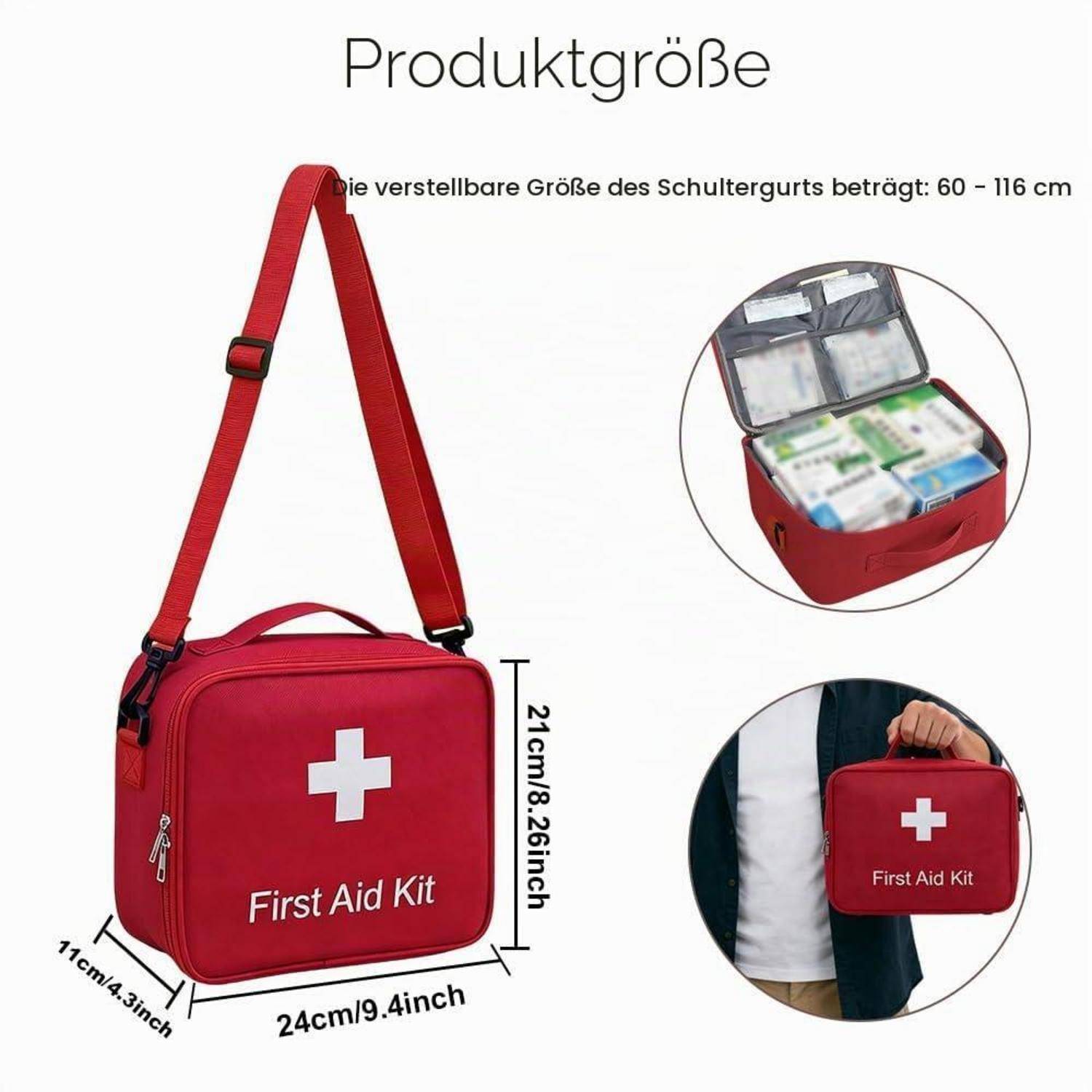 Rote Erste-Hilfe-Tasche mit Schultergurt, dargestellt mit Abmessungen von 24 cm Breite, 21 cm Höhe und verstellbarem Gurt 60–116 cm; Detailansichten zeigen geöffnete Inhalte und Trageformat.