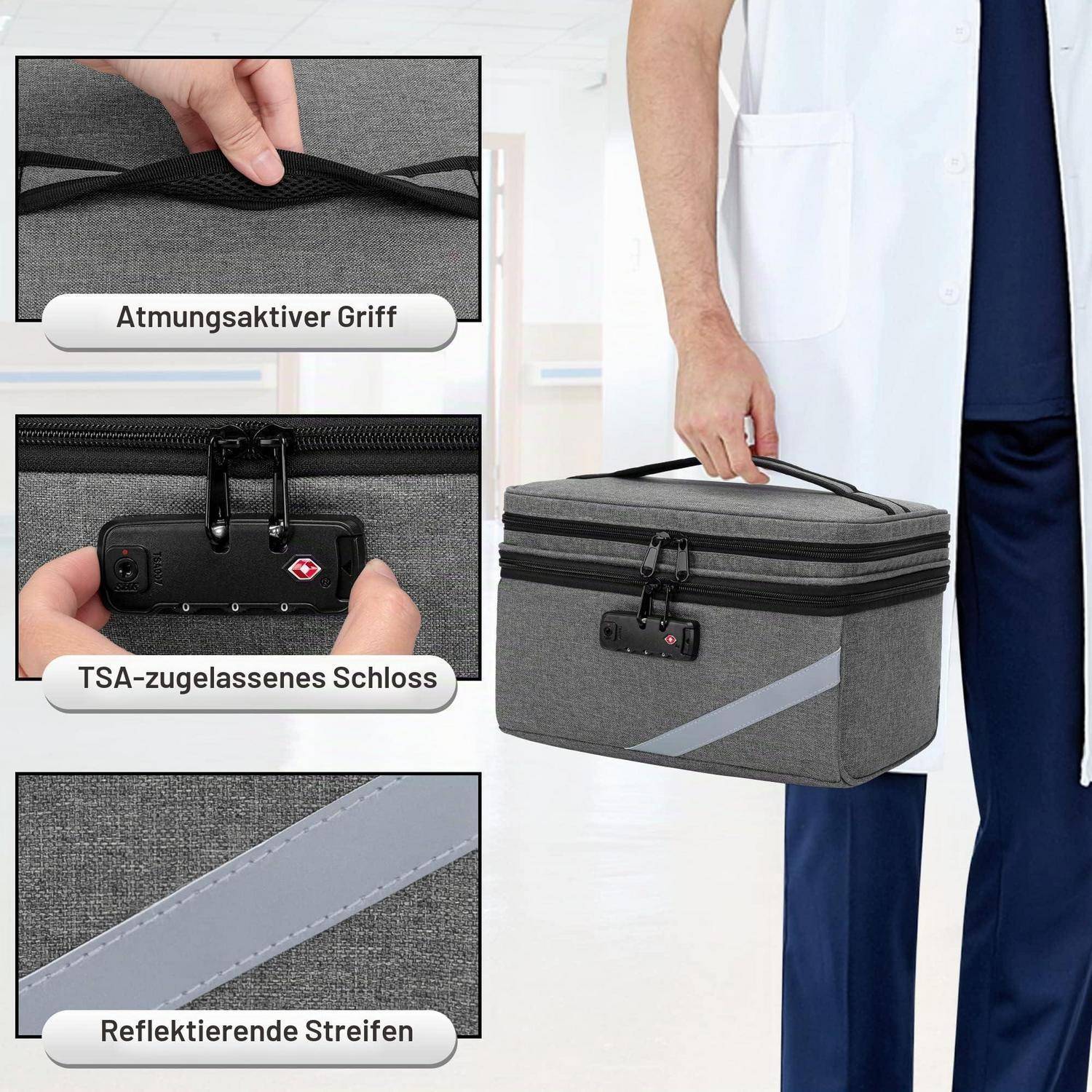 Grau isolierte Lunchbox mit Tragegriff, TSA-zugelassenem Schloss und reflektierendem Streifen; eingefügte Beschriftungen kennzeichnen atmungsaktiven Griff, Schloss und reflektierenden Streifen.