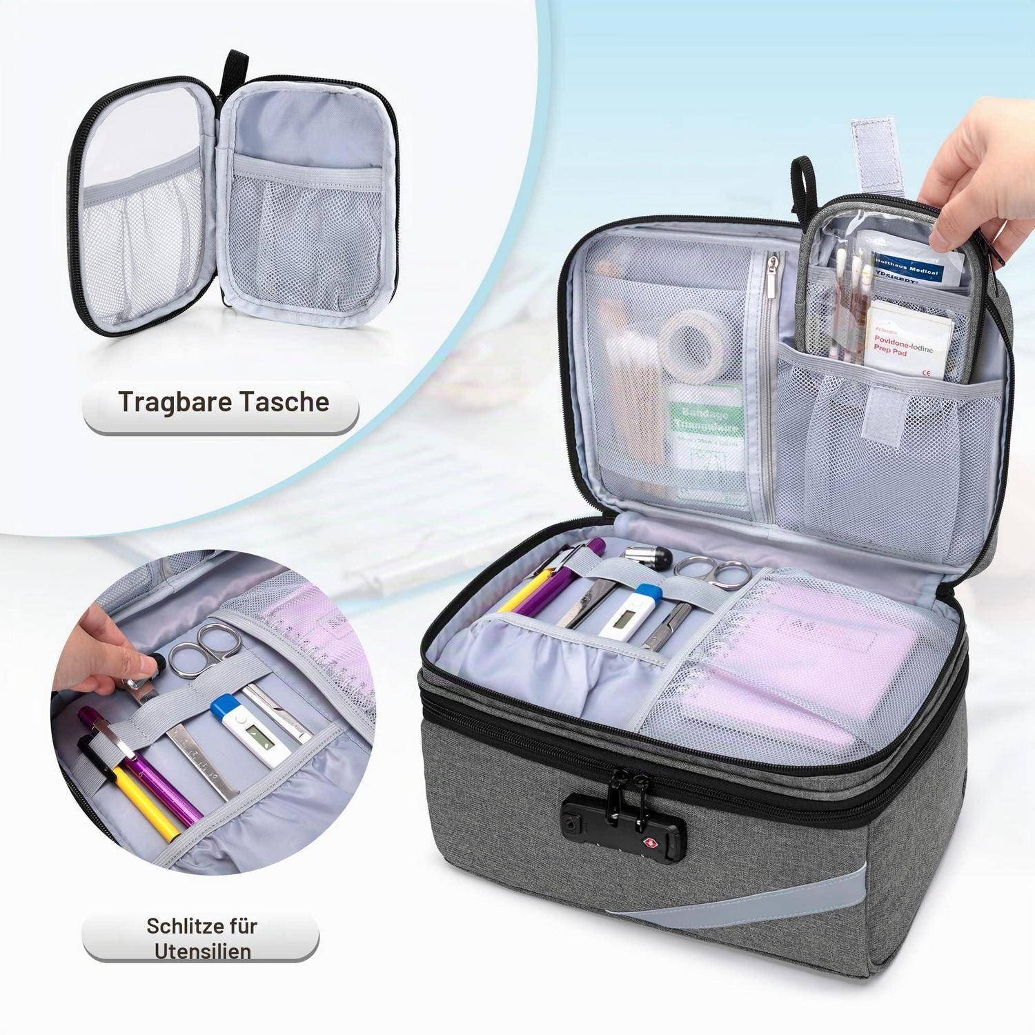 Graue Hartschalen-Organizer-Tasche offen, um Netztaschen und Besteckschlitze zu zeigen, mit beschrifteten Hinweisen „Tragbare Tasche" und „Schlitze für Utensilien"".