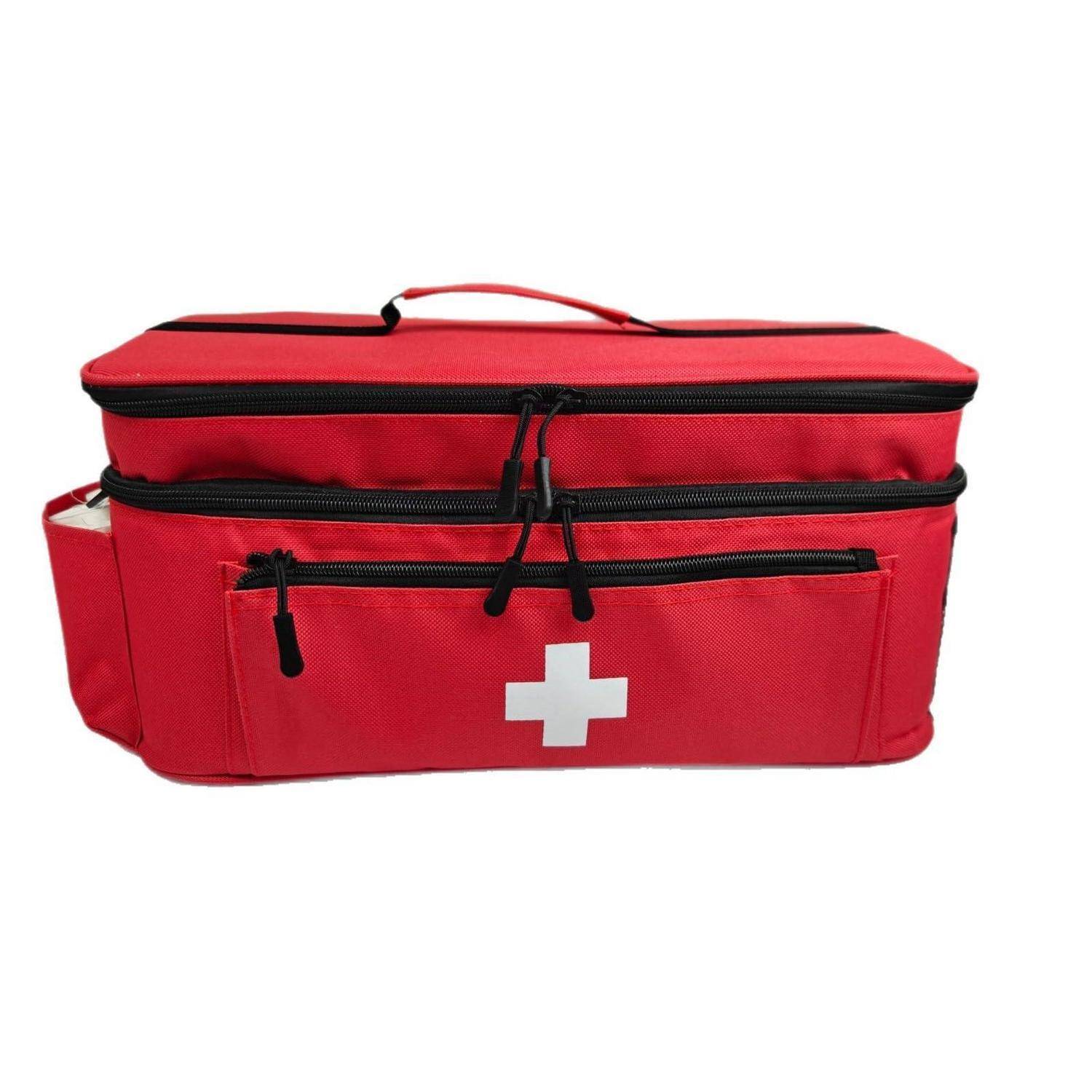 Rote Erste-Hilfe-/Medizin-Notfalltasche mit schwarzen Reißverschlüssen, Tragehenkel und weißem Kreuz auf der Vorderseite, gezeigt auf weißem Hintergrund.