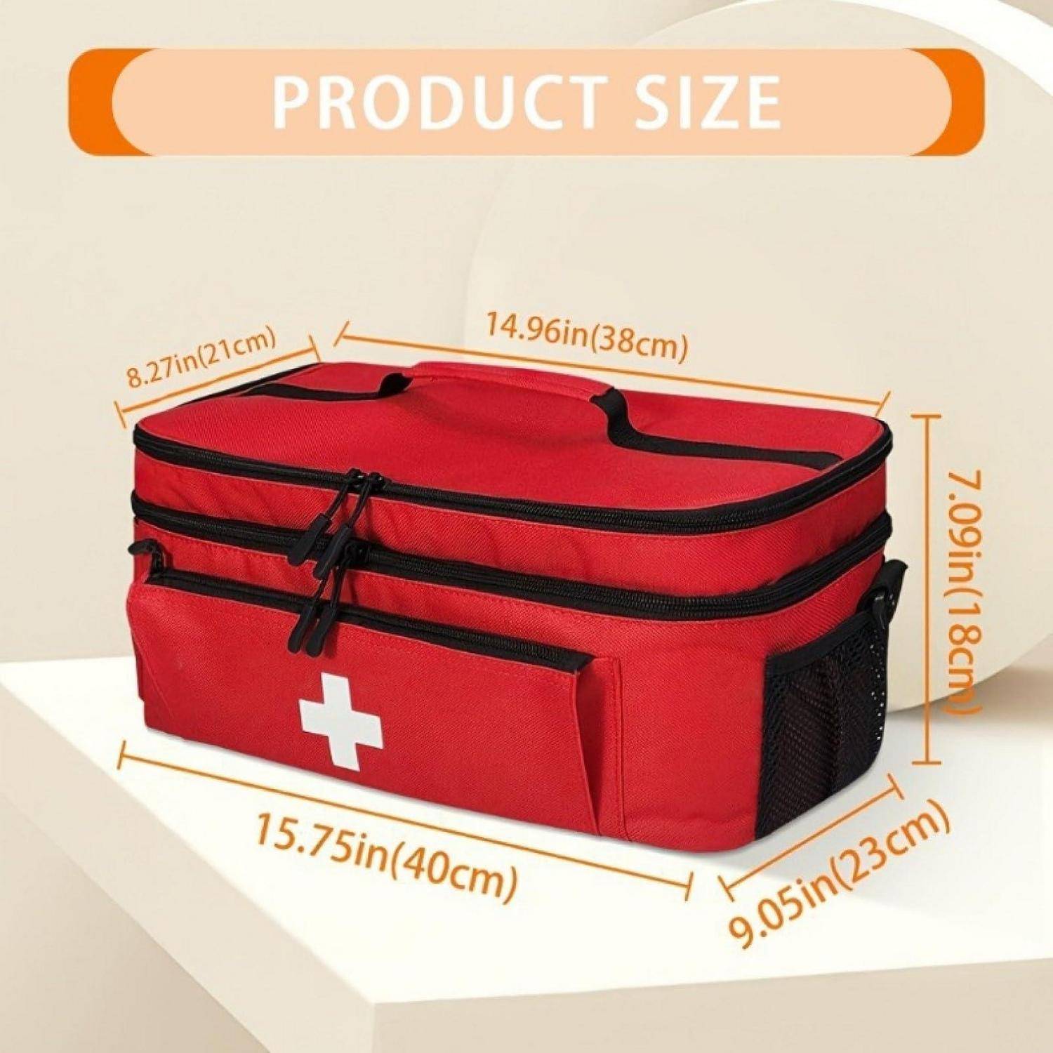 Größendiagramm einer roten medizinischen Erste-Hilfe-Tasche mit Abmessungen: 15,75 x 9,05 x 7,09 Zoll, 14,96 Zoll Oberlänge und 8,27 Zoll Breite.