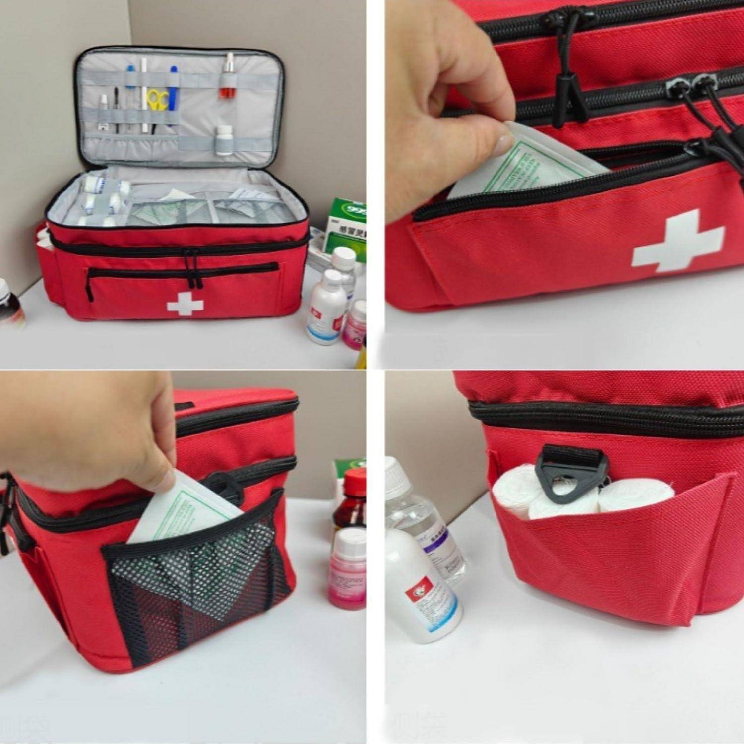 Rote Erste-Hilfe-Tasche mit mehreren Reißverschlussfächern und Netztaschen, geöffnet dargestellt und gefüllt mit medizinischen Materialien.
