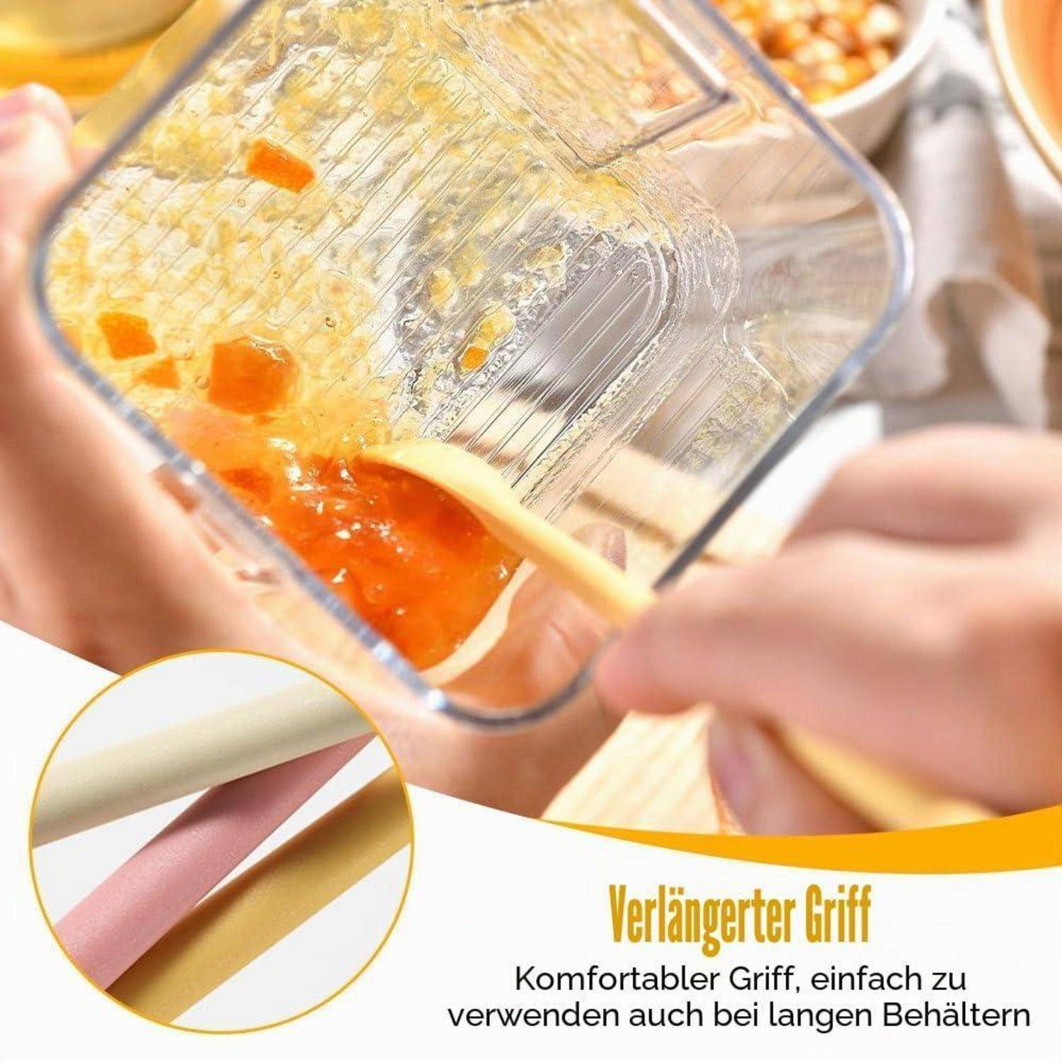 Nahaufnahme einer Hand, die ein Utensil mit verlängertem Griff verwendet, um Lebensmittel aus einem tiefen Behälter zu kratzen; die Einfügung zeigt den längeren Griff. Der Text lautet „Verlängerter Griff