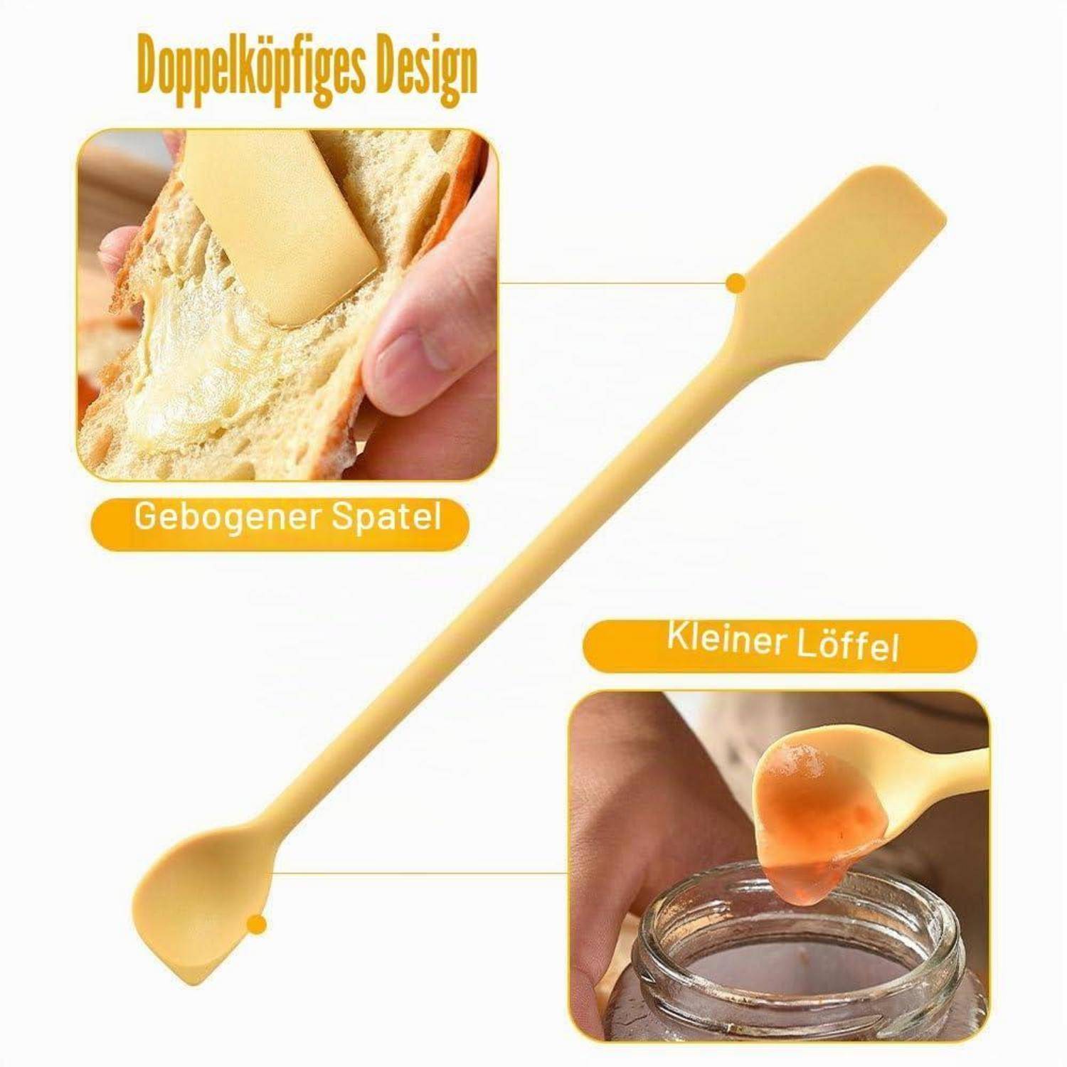 Abbildung eines doppelendigen Küchenutensils mit einem gekrümmten Spatel und einem kleinen Löffel, auf Deutsch beschriftet, dargestellt beim Verteilen und Schöpfen von Lebensmitteln.