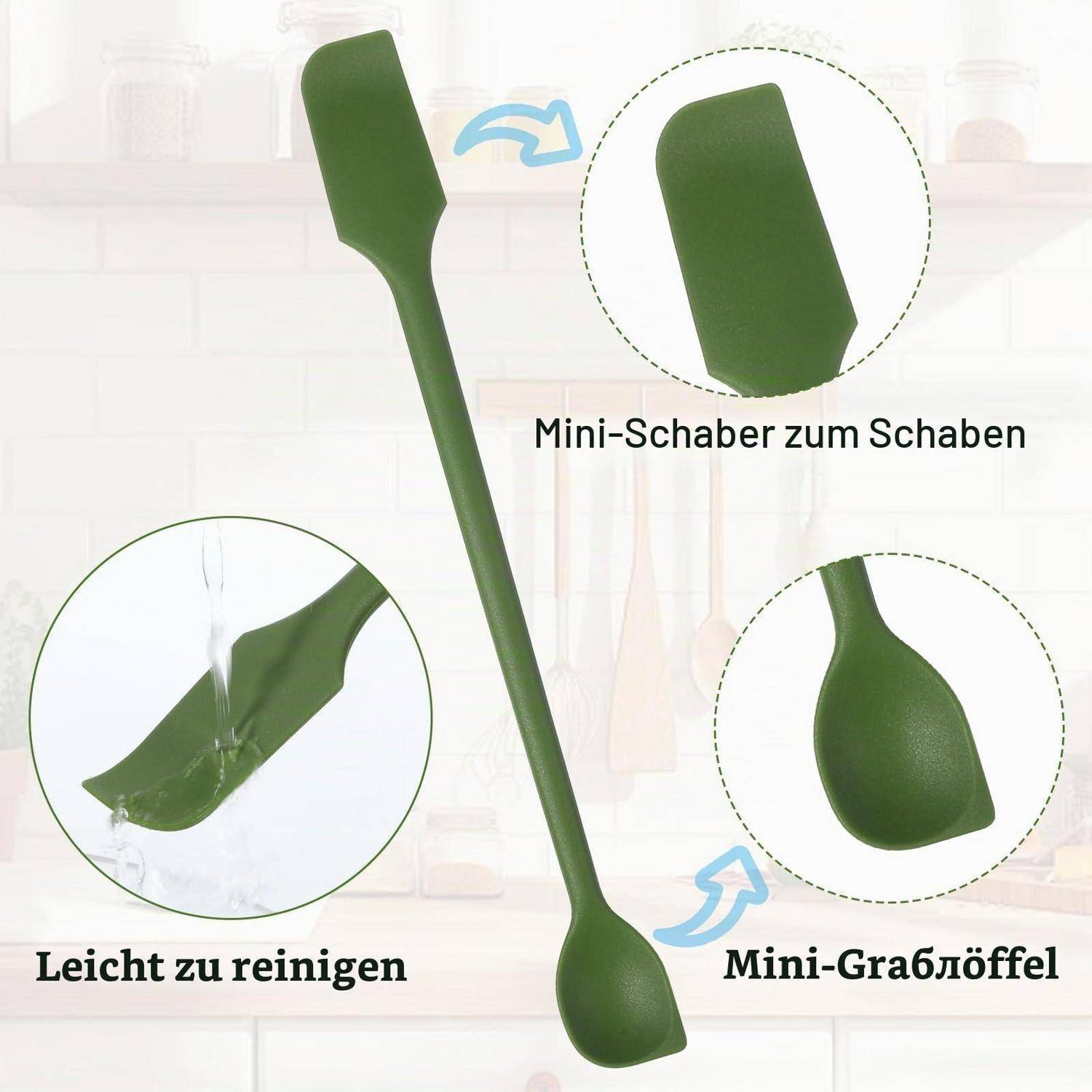 Grüner Silikonspatel für die Küche mit einem flachen Ende und einem löffelähnlichen Ende; gekennzeichnet als leicht zu reinigen, Mini-Schaber und Mini-Schaufel.