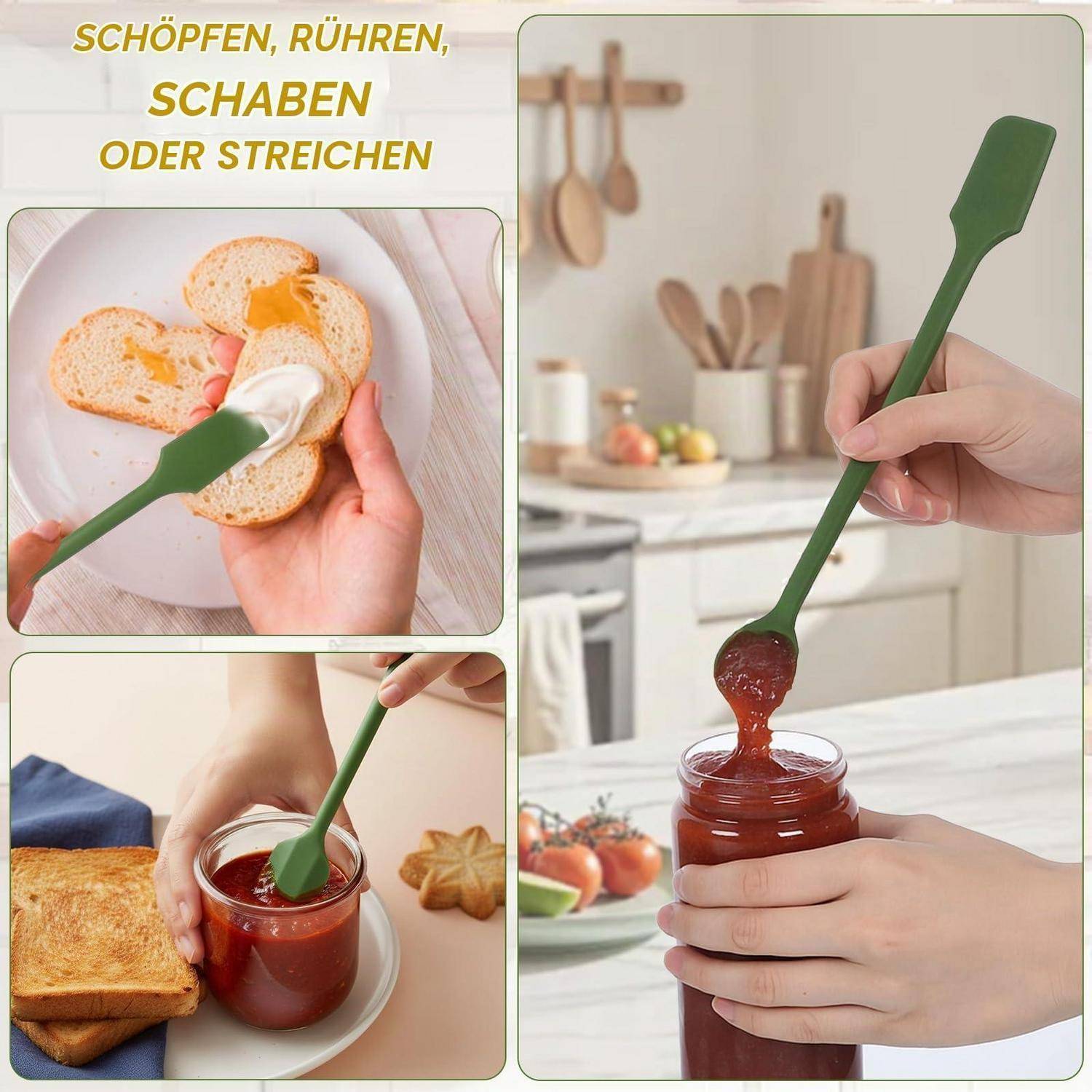 Collage zeigt einen grünen Silikonspatel zum Rühren, Verteilen und Abschaben von Speisen, mit deutschem Text „SCHÖPFEN, RÜHREN, SCHABEN ODER STREICHEN