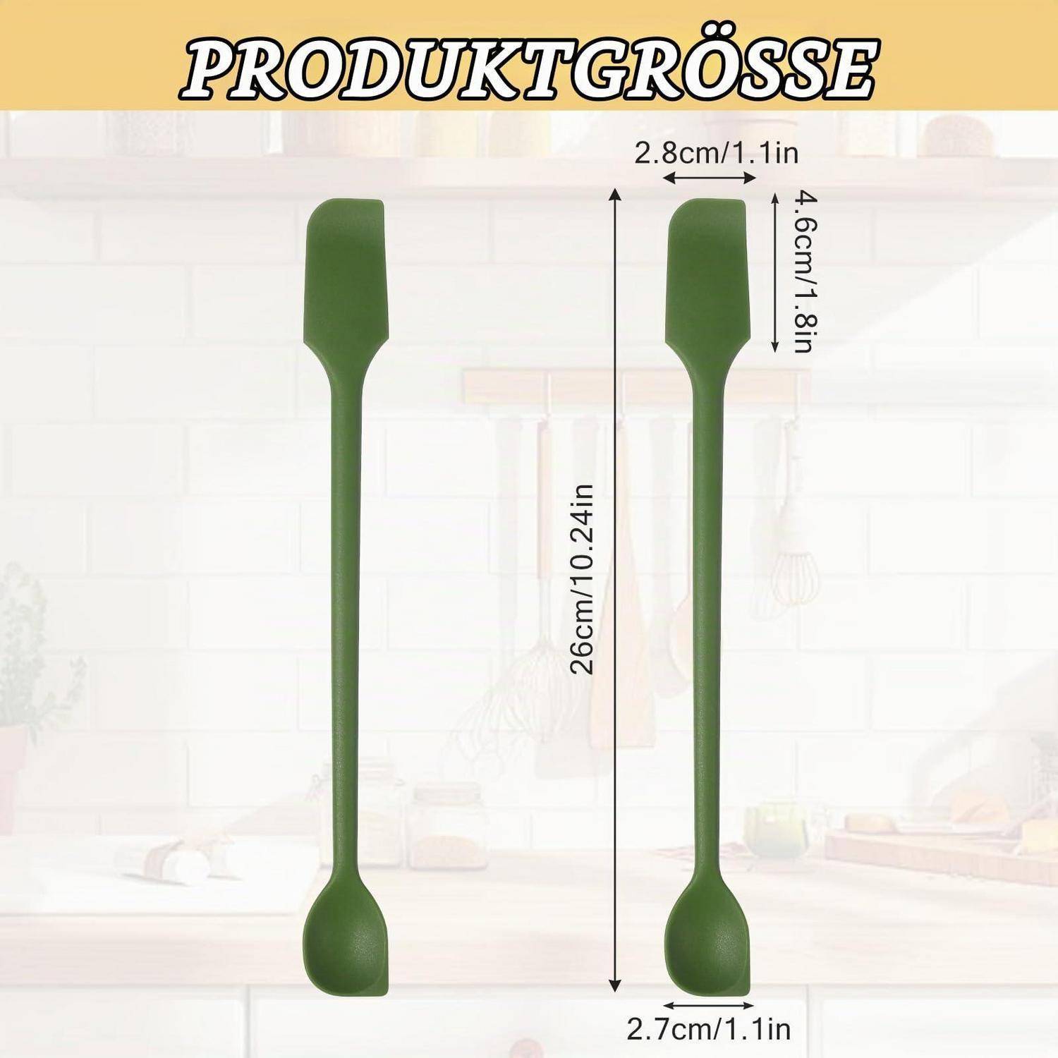 Größentabelle für einen grünen Silikonspatel/Löffel: 26 cm lang, 2,8 cm breiter Griff und 2,7 cm Basis, mit 4,6 cm Kopf.