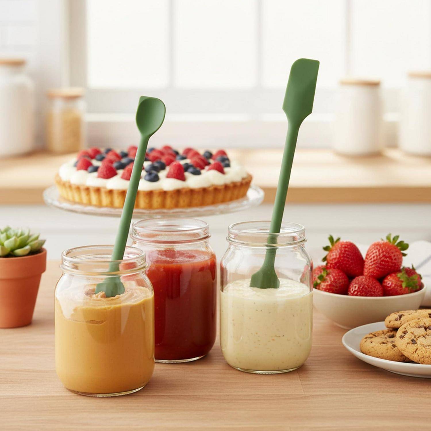 Drei Glaskörbe mit Dessert-Dips oder Saucen und grünen Spachteln stehen auf einem Küchentisch, mit einer Beerentorte, Erdbeeren, Keksen und einer kleinen Sukkulente im Hintergrund.