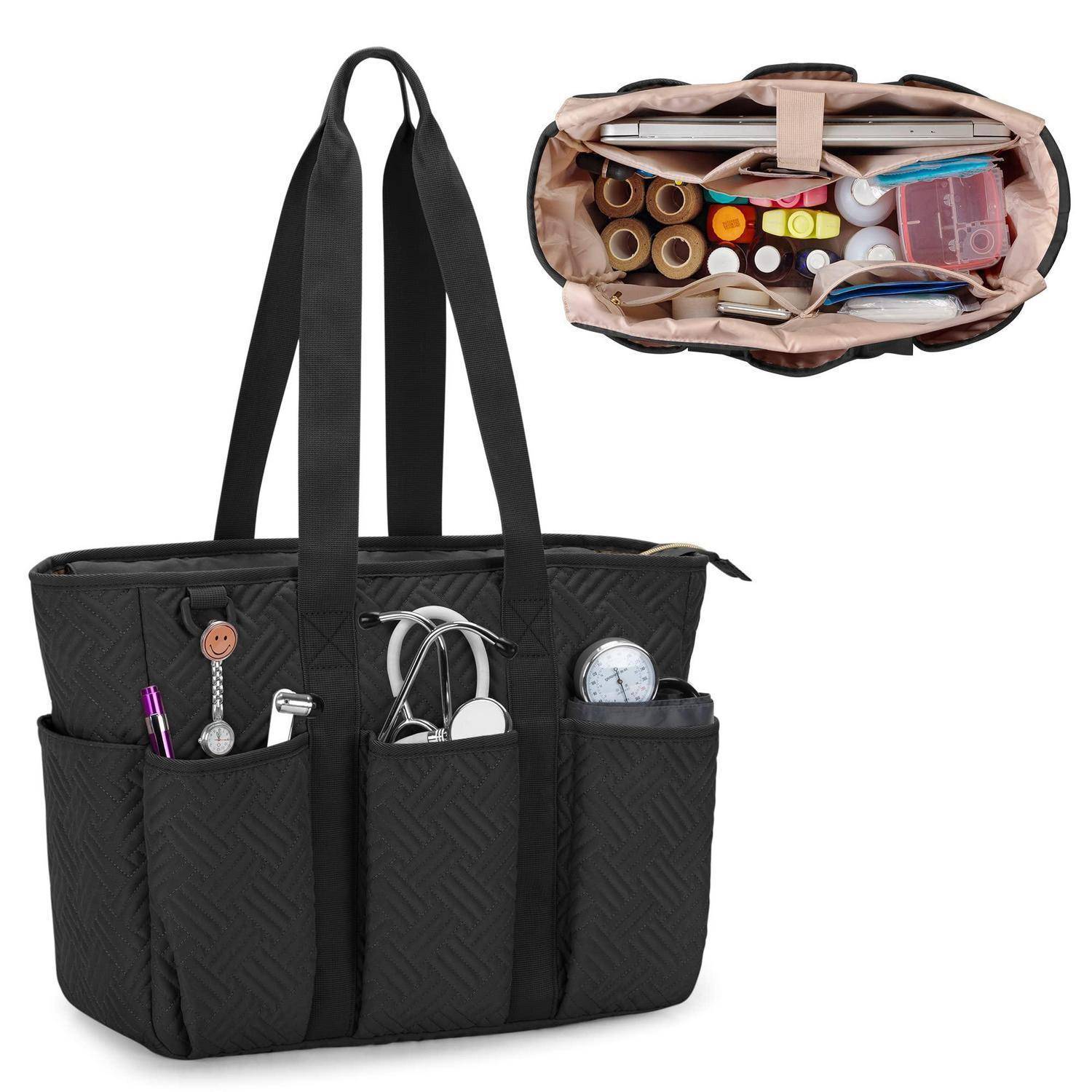 Schwarze Tote-Organizer-Tasche mit mehreren Außentaschen, vollständig geöffnet, um das organisierte Innere mit Fächern und Zubehör zu zeigen.