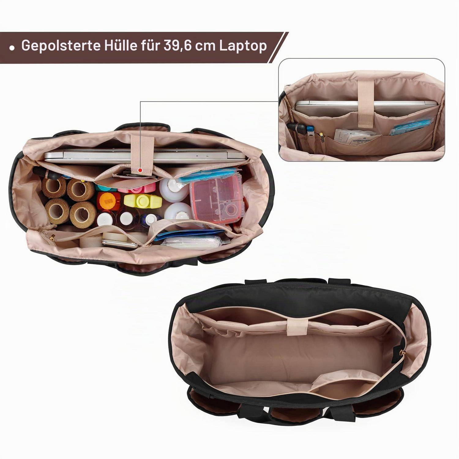 Laptop-Schutztasche, geöffnet dargestellt, mit gepolstertem Inneren und mehreren Taschen, in denen ein Laptop, Kabel, Flaschen und kleine Gegenstände aufbewahrt werden; der Text besagt „Gepolsterte Hülle für 39,6 cm Laptop".