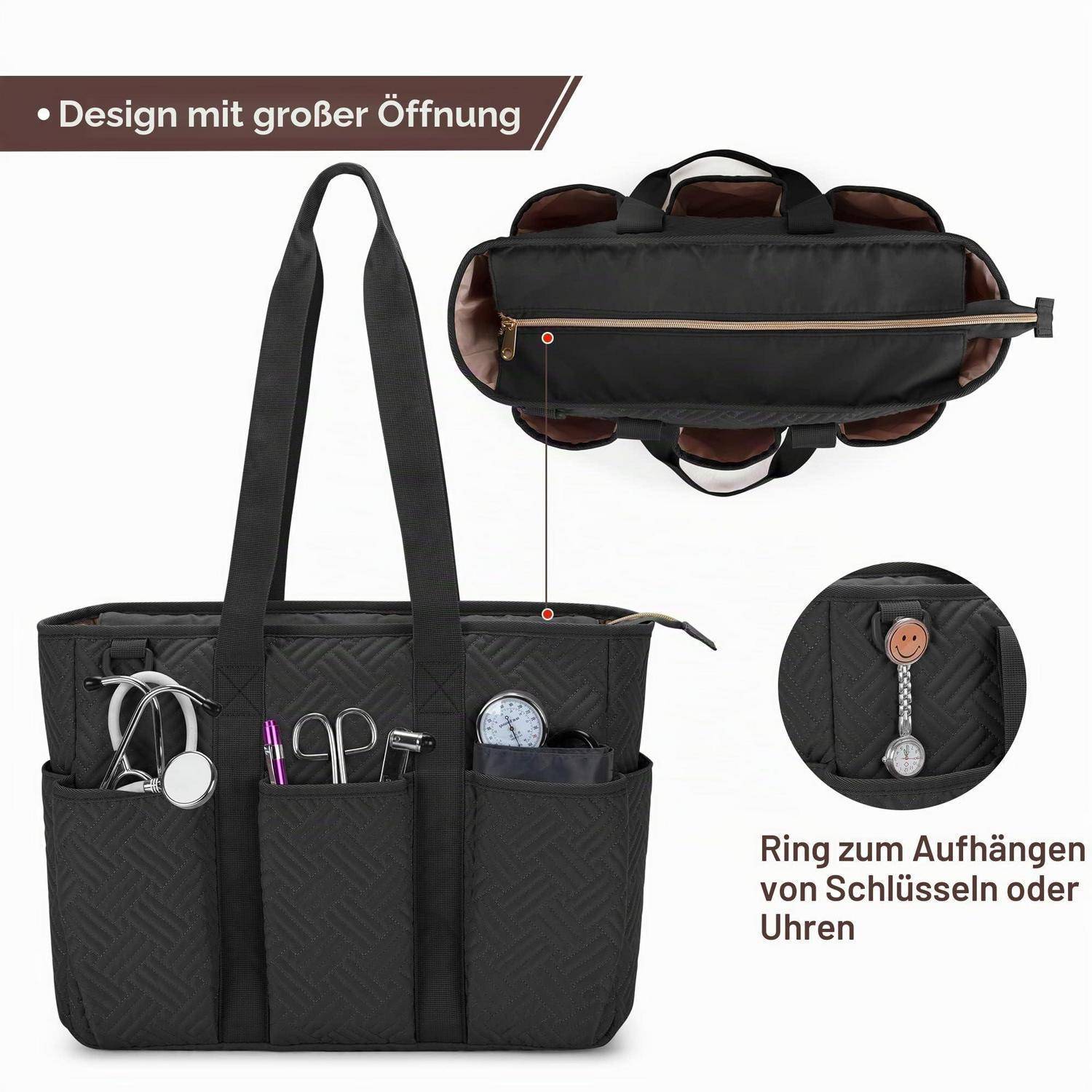 Schwarze Tragetaschenorganizer mit großer Öffnung, mehreren Außentaschen und Schlüsselring; Einsatz zeigt Reißverschlussansicht von oben und hängender Schlüssel-/Uhrenring.