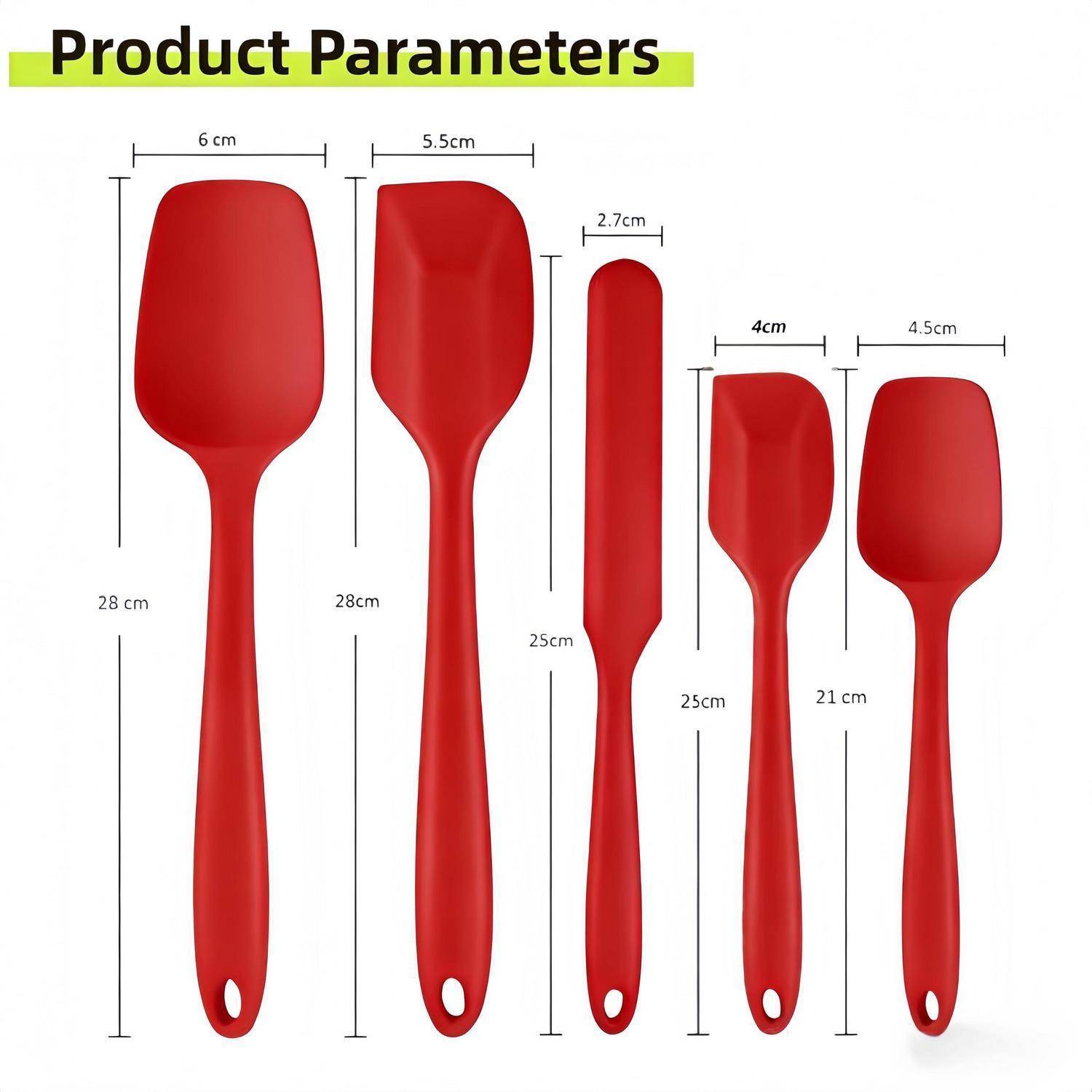 Produktparameterdiagramm mit fünf roten Spachteln/Löffeln mit Größen gekennzeichnet: 28 cm, 25 cm und Breiten von 2,7 cm bis 6 cm.