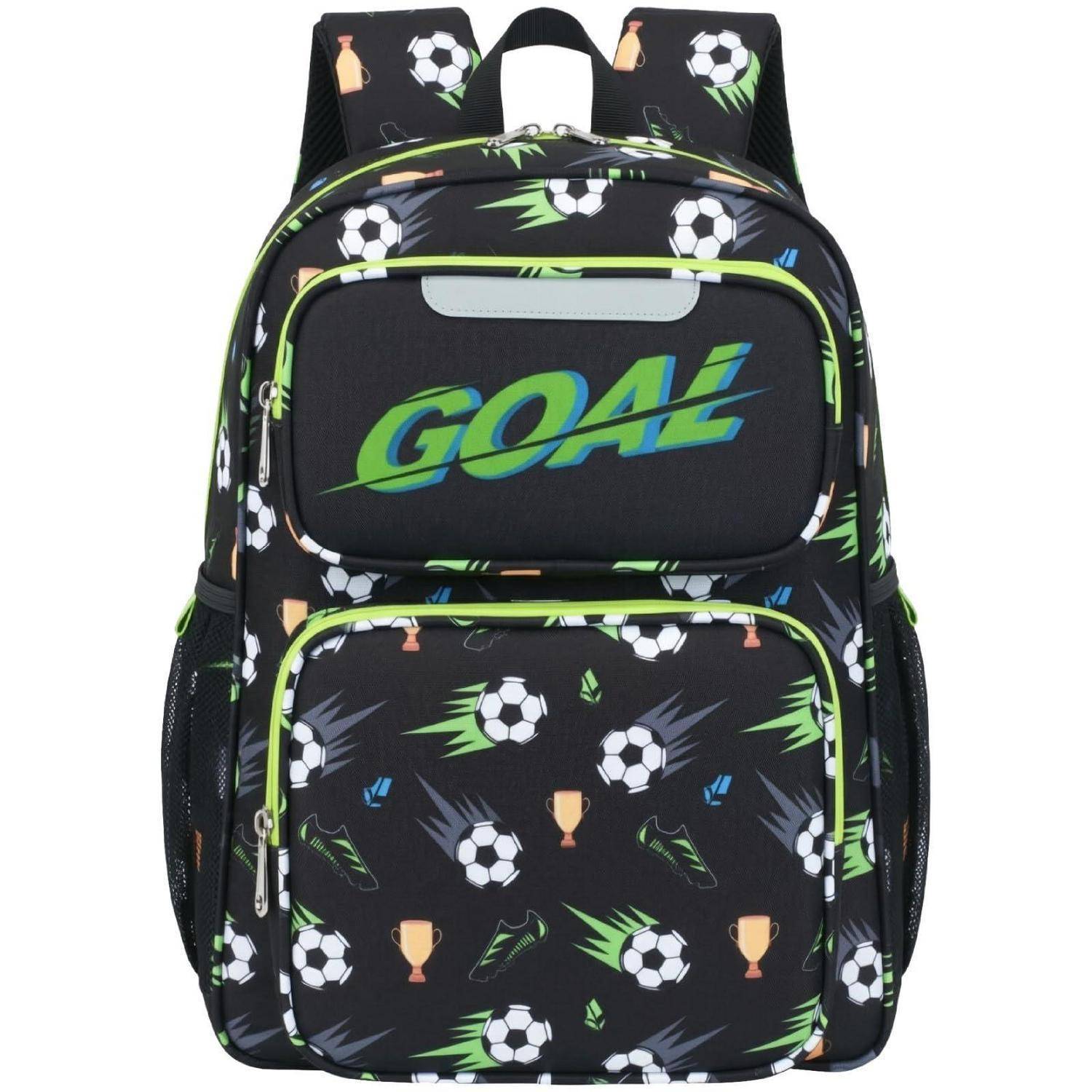 Schwarzer Rucksack mit Fußball- und Pokalmuster, vordere Tasche mit der Bezeichnung „GOAL