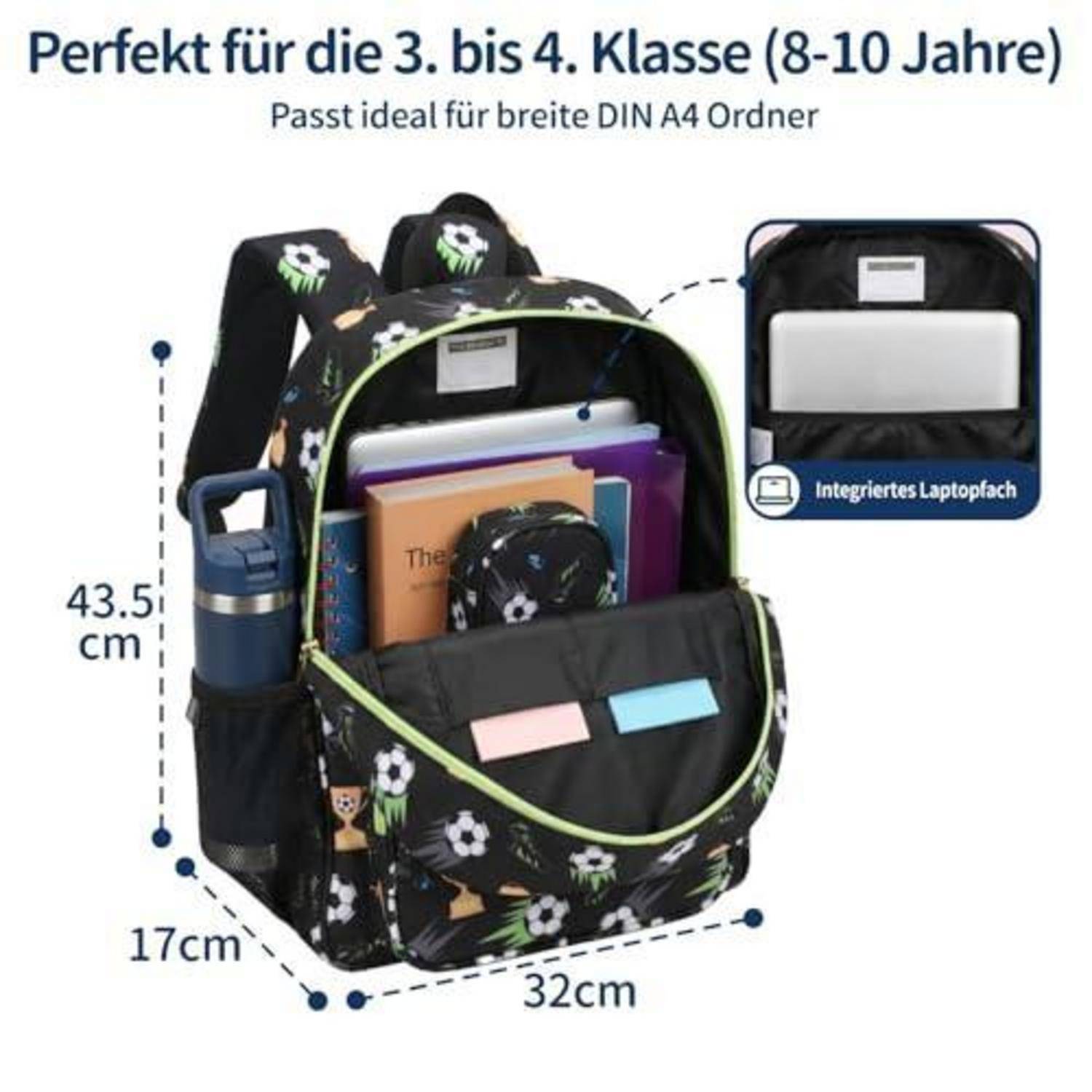 Schwarzer Kinderrucksack mit Fußballdruck, gezeigt mit Büchern, Wasserflasche, Abmessungen 43,5 x 32 x 17 cm und integriertem Laptop-Fach.