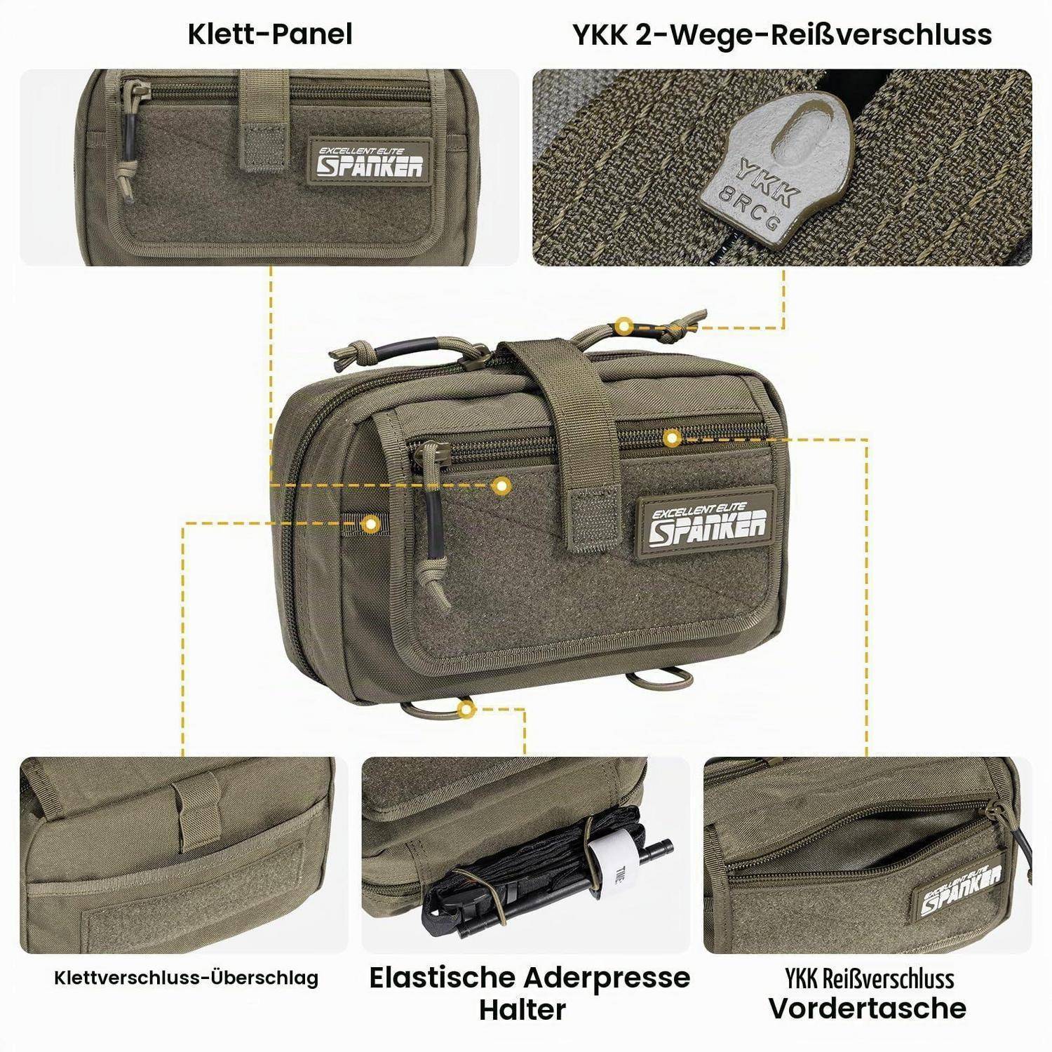 Olivfarbene taktische Tasche mit beschrifteten Nahaufnahmen des Klettverschlusses, YKK-Zweiwegreißverschlüssen, Vordertasche, Kabelhalter und Druckknopfhalter für elastische Riemen.