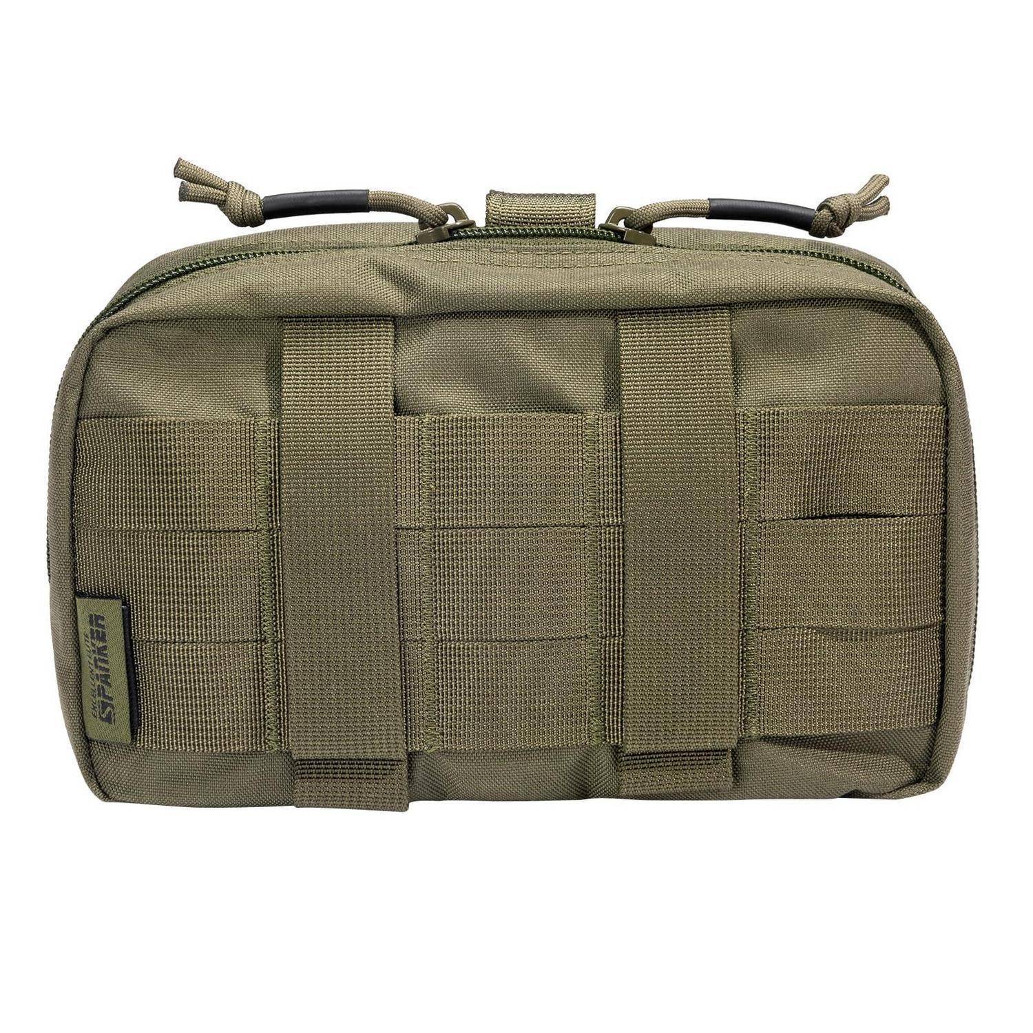 Olivgrüne taktische Reißverschlusstasche mit MOLLE-Webbing, doppelten Trageösen und Klettflächenbereich, auf weißem Hintergrund gezeigt.