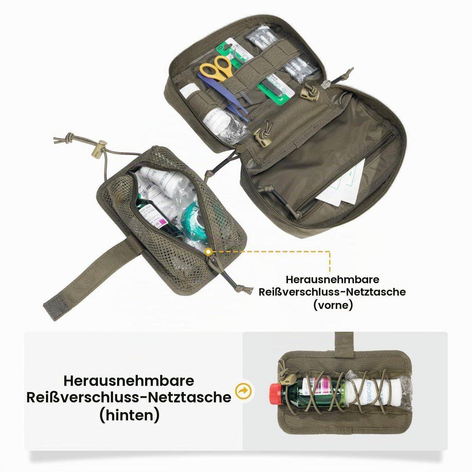 Offene olivgrüne Organizer-Tasche mit Mesh-Reißverschlusstaschen, die kleine Utensilien enthält, dargestellt mit deutschen Etiketten und Ansichten der vorderen und hinteren Netzfächer.