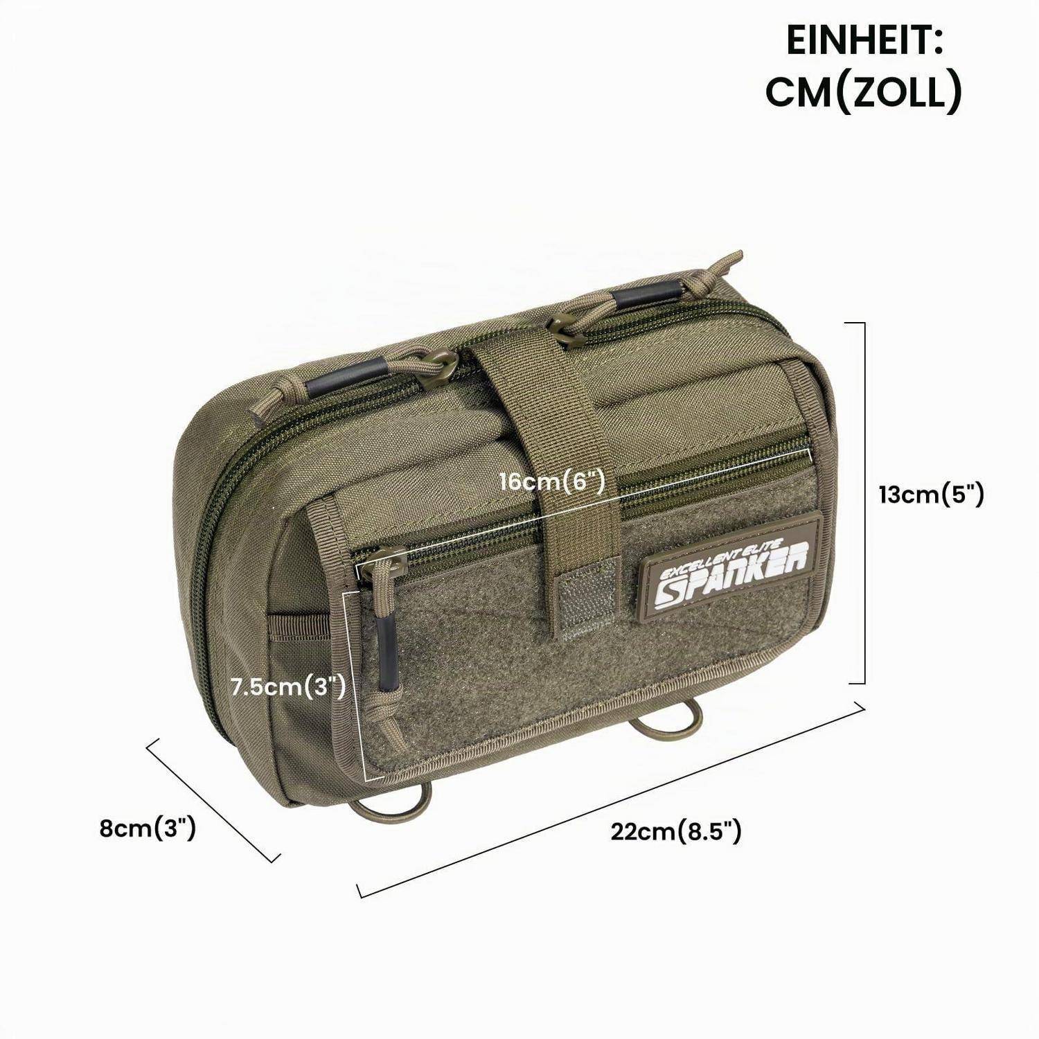 Olivgrüne Angeltasche mit Reißverschluss und Schulterschlaufen, gezeigt mit beschrifteten Maßen von 22 cm Breite, 13 cm Höhe, 8 cm Tiefe und 16 cm Frontfachtbreite.