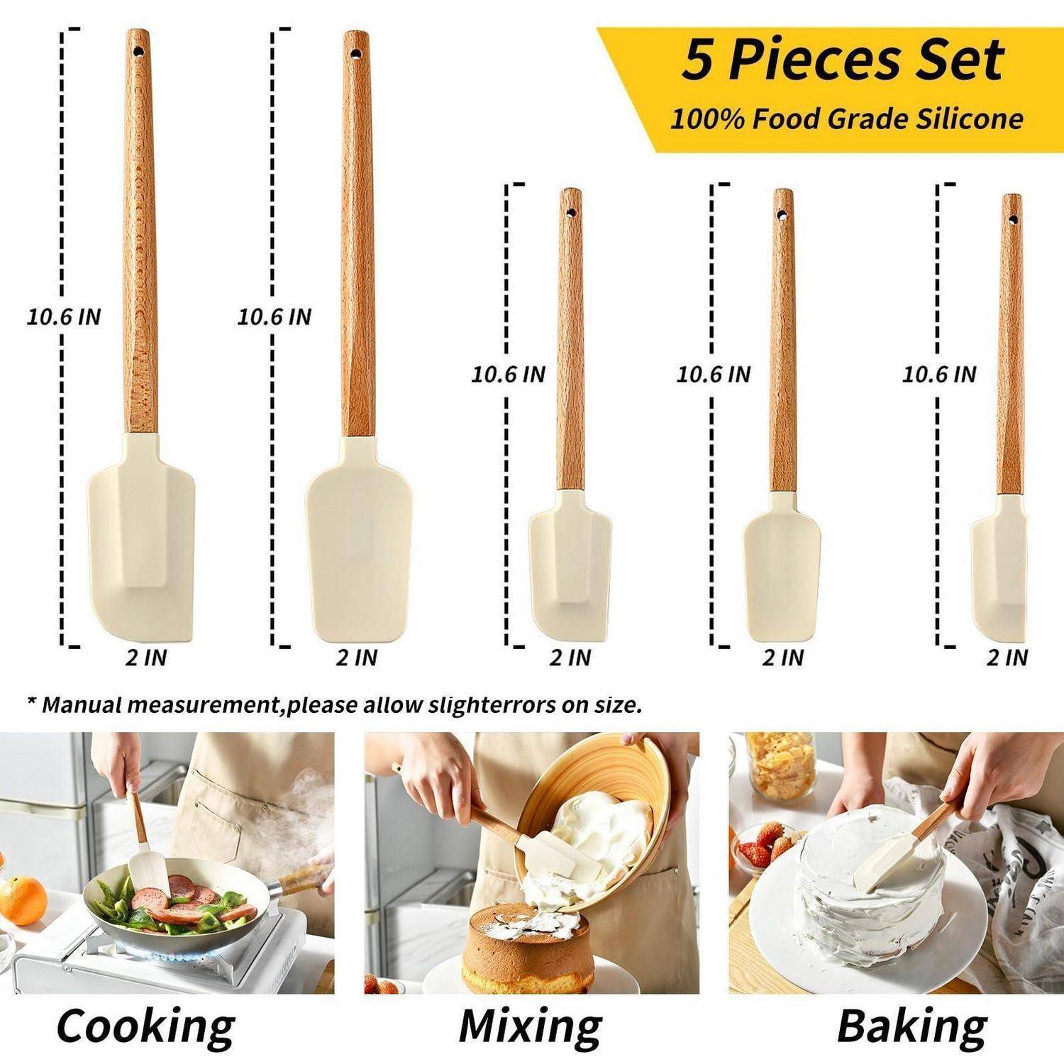 5-teiliges Set aus 10,6-Zoll großen Silikonspachteln in Lebensmittelqualität mit Holzgriffen, gezeigt zum Kochen, Mischen und Backen; 5 cm Kopfbreite.