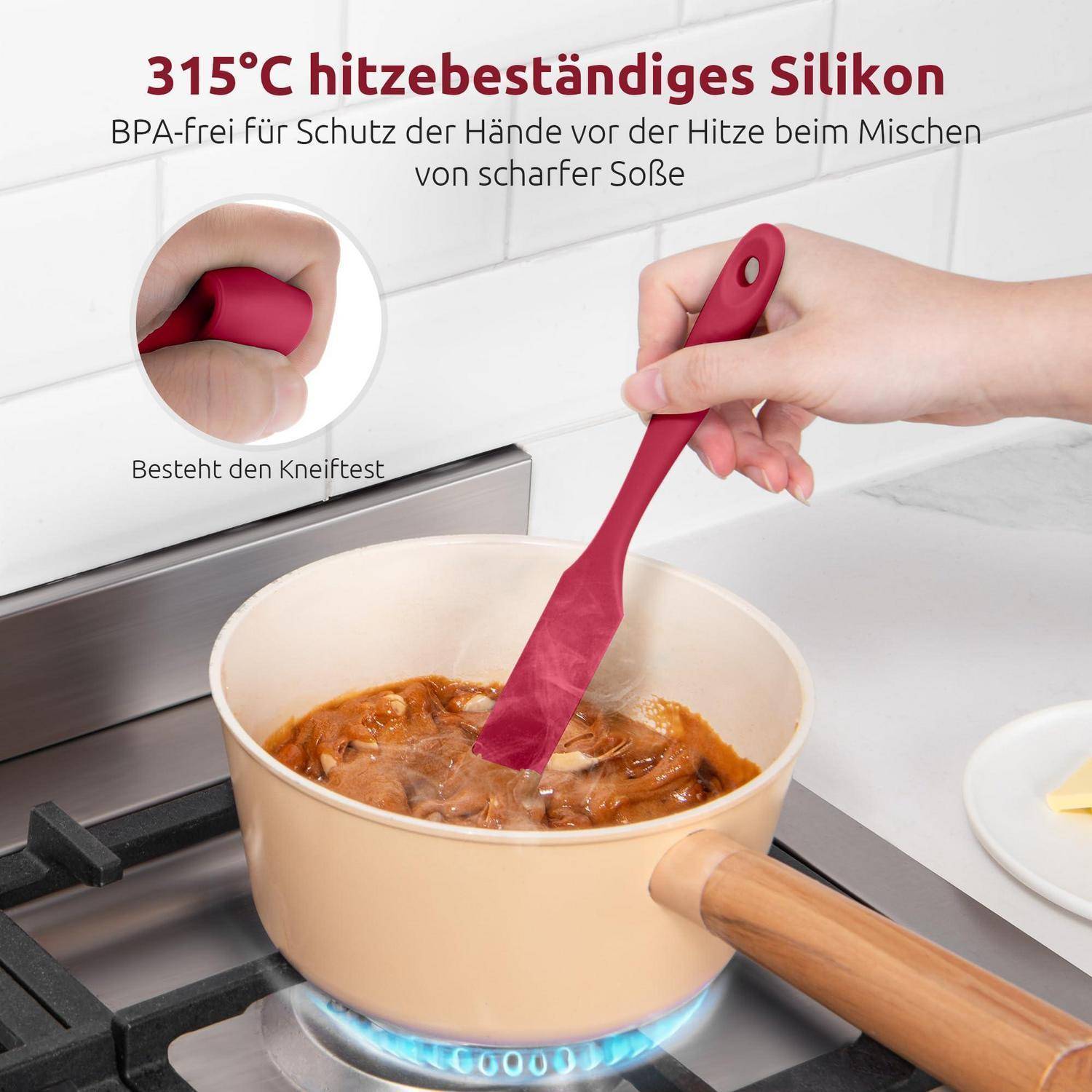 Hand, die einen roten Silikonspatel hält und Sauce in einem heißen Topf auf dem Herd umrührt; Text sagt „315°C hitzebeständiges Silikon