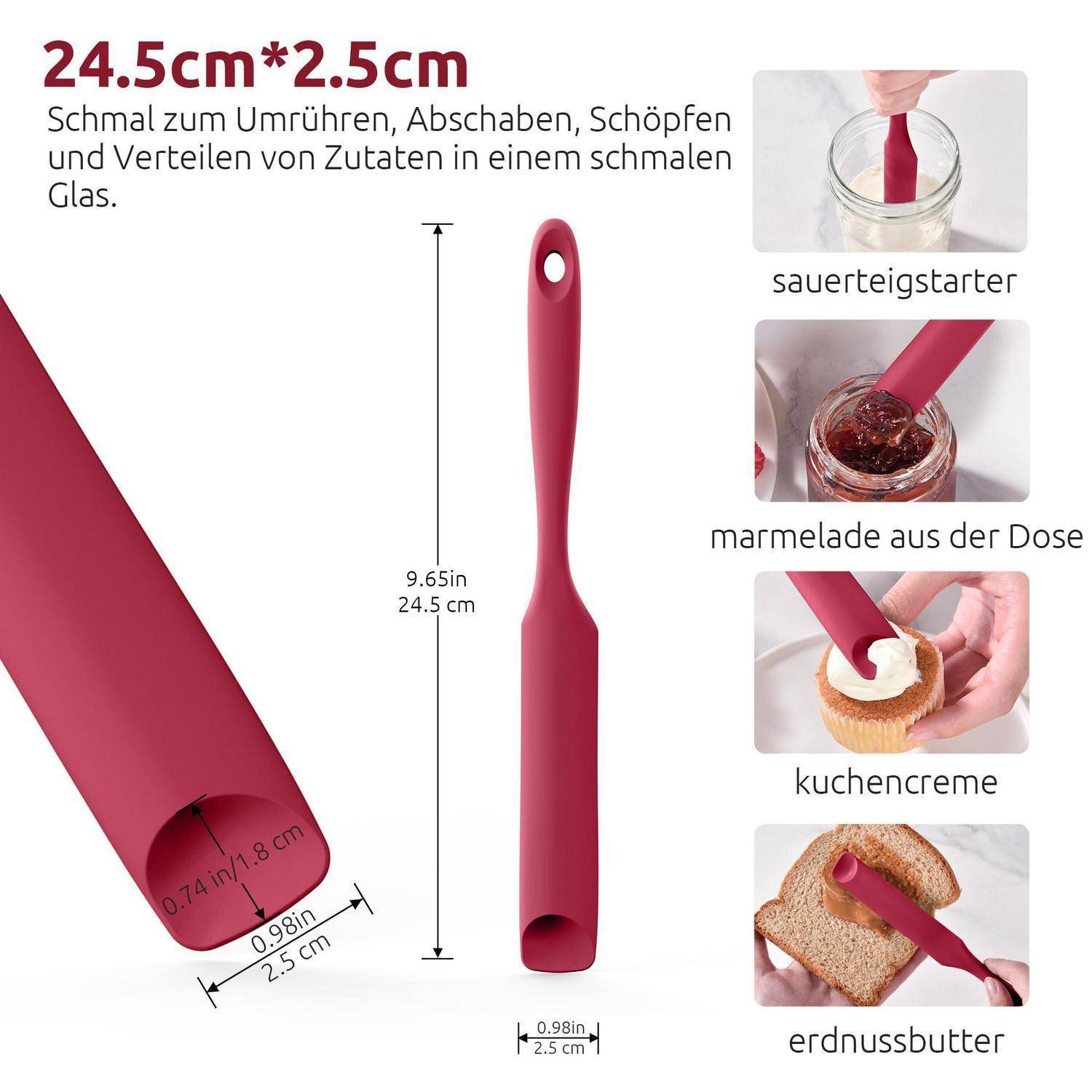 Rote Silikonspachtel mit schmaler Form, 24,5 cm lang und 2,5 cm breit, gezeigt mit Verwendungsmöglichkeiten für Sauerteigansatz, Marmelade, Tortencreme und Erdnussbutter.