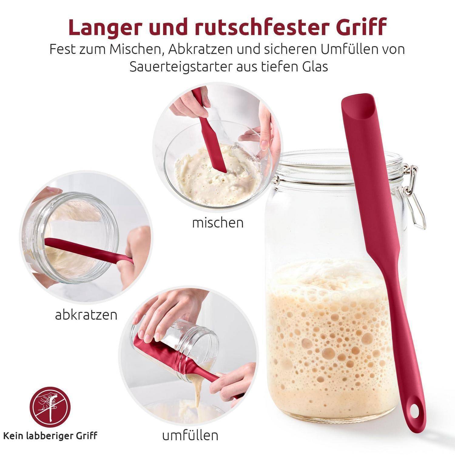 Deutsches Produktgrafik mit einem roten Silikon-Spatel mit langem rutschfestem Griff zum Mischen, Abkratzen und Umfüllen aus hohen Gläsern; Beschriftungen 