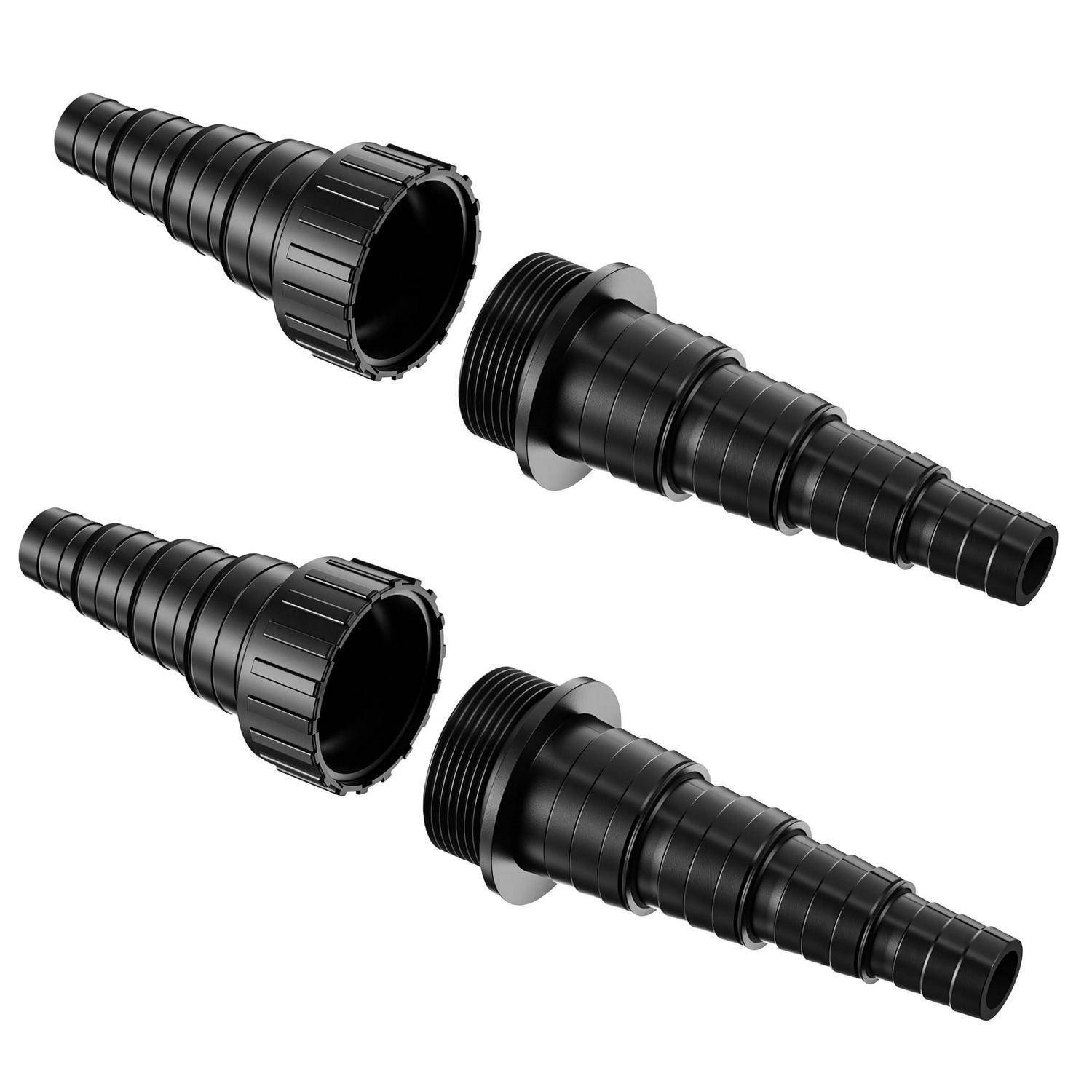 Zwei schwarze Kunststoff-Schlauchverbinderfittings in einer Explosionsdarstellung gezeigt, jeweils mit einer gerippten konischen Düse und einem Gewindeverbindungsende.